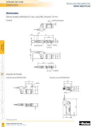 Parker Hannifin Ind. Com. Ltda.
Divisão Automação | Jacareí, SP | Brasil
18
Válvulas pneumáticas
SÉRIE ADEX PLUS
Catálogo 1001-10 BR
PXB
G50
pvl
phs
HV
Nova
Miniatura
Introdução
PVN
Plus
Adex
Plus
ISOMAX
Isysnet
Moduflex
P31PA
e
P32PA
Comando
bimanual
Acessórios
Válvulas
Pneumáticas
Dimensões
Válvula simples solenóide 5/2 vias, rosca M5, tamanho 10 mm
P2A05R
Suporte de fixação
Suporte lateral (P2A05R-BS)	 Suporte em pé (P2A05R-BF)
9
11
21.4
43.5
73
6.2
≠400
10
0.8
0.8
Atuador manual
0.2
34.6
0.4
27.9
19
4
2xM3x0.5 profundidade 5
2.5
8.6
2x∅2.1
16.2
26
20
2
5xM5x0.8
20.5
52.5
2x∅3.2
27
35
32
36
1.2
15
7.5
34.4
31
38
17
24
11.6
2x∅3.2
1.2
77.5
• Dimensões em mm.
dimensões
 