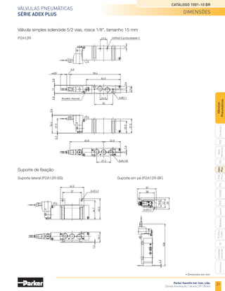Parker Hannifin Ind. Com. Ltda.
Divisão Automação | Jacareí, SP | Brasil
21
Válvulas pneumáticas
SÉRIE ADEX PLUS
Catálogo 1001-10 BR
PXB
G50
pvl
phs
HV
Nova
Miniatura
Introdução
PVN
Plus
Adex
Plus
ISOMAX
Isysnet
Moduflex
P31PA
e
P32PA
Comando
bimanual
Acessórios
Válvulas
Pneumáticas
Válvula simples solenóide 5/2 vias, rosca 1/8", tamanho 15 mm
P2A12R
Suporte de fixação
Suporte lateral (P2A12R-BS)	 Suporte em pé (P2A12R-BF)
13.5 2xM3x0.5 profundidade 5
5
14.5
36
11.6
2.4
66.6
98.6
6.2
≠400
15
0.8
0.8
2xØ3.1
23.5
27.5
0.2
34.6
0.4
27.9
27.2
1.6
5xRc1/8
36.7
40.2
37
45.5
2x∅3.2
1.2
20.1
32.8
65.8
Atuador manual
38
47
16.6
22
29
2x∅3.2
1.2
104
• Dimensões em mm.
dimensões
 