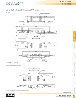 Parker Hannifin Ind. Com. Ltda.
Divisão Automação | Jacareí, SP | Brasil
25
Válvulas pneumáticas
SÉRIE ADEX PLUS
Catálogo 1001-10 BR
PXB
G50
pvl
phs
HV
Nova
Miniatura
Introdução
PVN
Plus
Adex
Plus
ISOMAX
Isysnet
Moduflex
P31PA
e
P32PA
Comando
bimanual
Acessórios
Válvulas
Pneumáticas
Válvula duplo solenóide 5/2 vias, rosca 1/4", tamanho 18 mm
P2A20R
Suporte de fixação
Suporte lateral (P2A20R-BS)
Port１，
２，
４
（Ｐ，
Ａ，
Ｂ）
Port３，
５
（Ｒ１，
Ｒ２）
20
5.7
2xM4x0.7 profundidade 9
19
42
3
13.6
78
142
6.2
約400
18
0.9
0.9
2xØ4.1
24
27
34.6
0.4
27.9
0.2
36
71
71
2
2xRc1/8
3xRc1/4
Atuador manual
40.2
47.2
52
66
2x∅4.2
1.2
23.9
Suporte de fixação em pé, não dispon´vel para versão duplo solenóide.
• Dimensões em mm.
dimensões
 