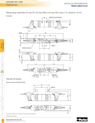 Parker Hannifin Ind. Com. Ltda.
Divisão Automação | Jacareí, SP | Brasil
26
Válvulas pneumáticas
SÉRIE ADEX PLUS
Catálogo 1001-10 BR
PXB
G50
pvl
phs
HV
Nova
Miniatura
Introdução
PVN
Plus
Adex
Plus
ISOMAX
Isysnet
Moduflex
P31PA
e
P32PA
Comando
bimanual
Acessórios
Válvulas
Pneumáticas
Válvula duplo solenóide 5/3 vias CF, 5/3 vias CAN e 5/3 vias CAP, rosca 1/4", tamanho 18 mm
P2A20R
Suporte de fixação
Suporte lateral (P2A20R-BS)
Port１，
２，
４
（Ｐ，
Ａ，
Ｂ）
Port３，
５
（Ｒ１，
Ｒ２）
20
5.7
2xM4x0.7 profundidade 9
19
42
3
13.6
39
151
6.2
約400
18
0.9
0.9
2xØ4.1
24
27
34.6
0.4
27.9
0.2
36
80
71
2
2xRc1/8
3xRc1/4
48
Atuador manual
40.2
47.2
52
66
2x∅4.2
1.2
23.9
Suporte de fixação em pé, não dispon´vel para versão duplo solenóide.
• Dimensões em mm.
dimensões
 