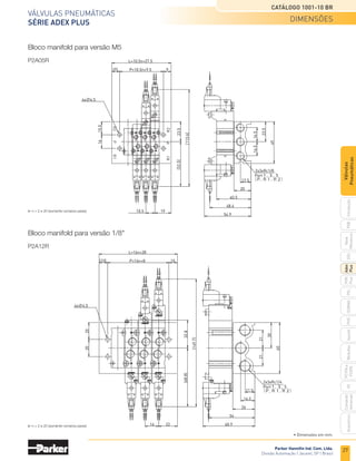 Parker Hannifin Ind. Com. Ltda.
Divisão Automação | Jacareí, SP | Brasil
27
Válvulas pneumáticas
SÉRIE ADEX PLUS
Catálogo 1001-10 BR
PXB
G50
pvl
phs
HV
Nova
Miniatura
Introdução
PVN
Plus
Adex
Plus
ISOMAX
Isysnet
Moduflex
P31PA
e
P32PA
Comando
bimanual
Acessórios
Válvulas
Pneumáticas
Bloco manifold para versão M5
P2A05R
Bloco manifold para versão 1/8"
P2A12R
R2
P
R1
R1
P
R2
16.5
16.5
23.5
49
12.5
23.5
40.5
20
54.9
48.4
(52.5)
9
10.5 19
P=10.5n+9.5
L=10.5n+27.5
15.5
16
4x∅4.5
(113.6)
21
21
30
60
2x3xRc1/8
11.5
16.5
26
2x3xRc1/4
54
60.9
20
20
32.8
(68.8)
(149.7)
10
P=16n+8
L=16n+28
22
16
4x∅4.5
(9)
(10)
Port１，
３，
５
（Ｐ，
Ｒ１，
Ｒ２）
Port１，
３，
５
（Ｐ，
Ｒ１，
Ｒ２）
n = 2 a 20 (somente números pares)
n = 2 a 20 (somente números pares)
• Dimensões em mm.
dimensões
 