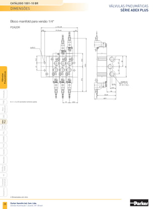 Parker Hannifin Ind. Com. Ltda.
Divisão Automação | Jacareí, SP | Brasil
28
Válvulas pneumáticas
SÉRIE ADEX PLUS
Catálogo 1001-10 BR
PXB
G50
pvl
phs
HV
Nova
Miniatura
Introdução
PVN
Plus
Adex
Plus
ISOMAX
Isysnet
Moduflex
P31PA
e
P32PA
Comando
bimanual
Acessórios
Válvulas
Pneumáticas
Bloco manifold para versão 1/4"
P2A20R
21
21
30
60
11.5
16.5
26
53.49
60.9
2x3xRc1/4
19.5
21
(10) P=19n+8 10
L=19n+28
4x∅4.5
37.5
(71)
(151)
23.5
19
Port１，
３，
５
（Ｐ，
Ｒ１，
Ｒ２）
n = 2 a 20 (somente números pares)
• Dimensões em mm.
dimensões
 
