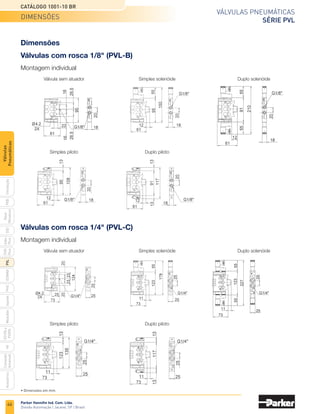 46
Válvulas pneumáticas
Série PVL
Catálogo 1001-10 BR
Parker Hannifin Ind. Com. Ltda.
Divisão Automação | Jacareí, SP | Brasil
PXB
G50
pvl
phs
HV
Nova
Miniatura
Introdução
PVN
Plus
Adex
Plus
ISOMAX
Isysnet
Moduflex
P31PA
e
P32PA
Comando
bimanual
Acessórios
Válvulas
Pneumáticas
Dimensões
Montagem individual
	 Válvula sem atuador	 Simples solenóide	 Duplo solenóide
Válvulas com rosca 1/8" (PVL-B)
	 Simples piloto	 Duplo piloto
Montagem individual
	 Válvula sem atuador	 Simples solenóide	 Duplo solenóide
Válvulas com rosca 1/4" (PVL-C)
	 Simples piloto	 Duplo piloto
• Dimensões em mm.
dimensões
 