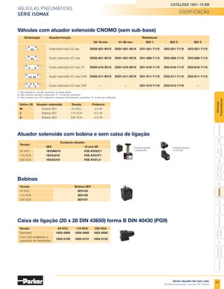 49
Válvulas pneumáticas
Série isomax
Catálogo 1001-10 BR
Parker Hannifin Ind. Com. Ltda.
Divisão Automação | Jacareí, SP | Brasil
PXB
G50
pvl
phs
HV
Nova
Miniatura
Introdução
PVN
Plus
Adex
Plus
ISOMAX
Isysnet
Moduflex
P31PA
e
P32PA
Comando
bimanual
Acessórios
Válvulas
Pneumáticas
	Simbologia	 Atuador/função			 Referência
			 02-18 mm	 01-26 mm	 ISO 1	 ISO 2	 ISO 3
		 Solenoide/mola 5/2 vias	 DX02-621-951X	 DX01-621-951X	 DX1-621-711X	DX2-621-711X	DX3-621-711X
		 Duplo solenoide 5/2 vias	 DX02-651-951X	 DX01-651-951X	 DX1-606-711X	DX2-606-711X	DX3-606-711X
		 Duplo solenoide 5/3 vias CF	 DX02-616-951X	 DX01-616-951X	 DX1-616-711X	DX2-616-711X	DX3-616-711X
		 Duplo solenoide 5/3 vias CAN	 DX02-611-951X	 DX01-611-951X	 DX1-611-711X	DX2-611-711X	DX3-611-711X
		 Duplo solenoide 5/3 vias CAP	 -	 -	 DX1-613-711X	DX2-613-711X	 -
Válvulas com atuador solenoide CNOMO (sem sub-base)
X	 Para especificar a tensão da bobina, ver tabela abaixo.
	Para conector standard: acrescentar "C" no final da codificação.
	Para conector com LED sinalizador e supressor de transiente: acrescentar "S" no final da codificação.
	 Sufixo (X)	 Atuador solenoide	 Tensão	 Potência
	 M	 Bobina 2EV	 24 VCC	 2,5 W
	 J	 Bobina 2EV	 110 VCA	 4,5 VA
	A	 Bobina 2EV	 230 VCA	 4,5 VA
Atuador solenoide com bobina e sem caixa de ligação
	 Tensão
	 Conjunto atuador
		 2EV	 15 mm NF
	 24 VCC	1EV3M310	 P2E-KV32C1
	 110 VCA	1EV3J310	 P2E-KV31F1
	 230 VCA	1EV3A310	 P2E-KV31J1
	 Tensão	 Bobina 2EV
	 24 VCC	2EV103
	 110 VCA	2EV105
	 230 VCA	2EV107
Bobinas
Caixa de ligação (20 x 28 DIN 43650) forma B DIN 40430 (PG9)
	 Versão	 24 VCC	 110 VCA	 230 VCA
	Standard	 1825-0095	1825-0095	1825-0095
	 Com LED sinalizador e 	
1825-0129	1825-0131	1825-0132
	 supressor de transientes
Conjunto atuador
+ bobina 2EV
Conjunto atuador
15 mm NF
codificação
 