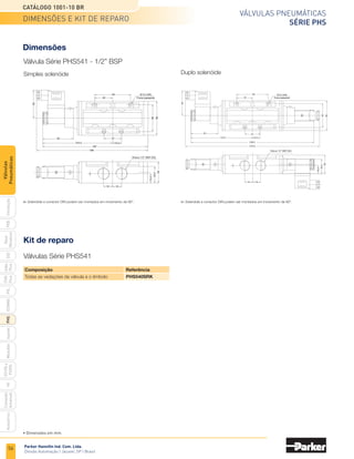 54
Válvulas pneumáticas
Série isomax
Catálogo 1001-10 BR
Parker Hannifin Ind. Com. Ltda.
Divisão Automação | Jacareí, SP | Brasil
PXB
G50
pvl
phs
HV
Nova
Miniatura
Introdução
PVN
Plus
Adex
Plus
ISOMAX
Isysnet
Moduflex
P31PA
e
P32PA
Comando
bimanual
Acessórios
Válvulas
Pneumáticas
• Dimensões em mm.
Sub-base para manifold saída inferior VDMA 24345
Tamanho 1
Tamanho 2
Tamanho 3
G 3/8
G 1/8
22 + 43 x N
110
85
46
26 26
21 24
44
43
22 21,5
47 47
26 28
56
22 24
37 14
20
29
11
14
13
13
Ø7
4 furos
N = Nº de blocos de manifold
N = Nº de blocos de manifold
N = Nº de blocos de manifold
G 1/8
G 3/8
5
6
15
86
M6
15
26 + 56 + N
13 3
Ø9
70
135
35
G 1
Ø 12
52
104
188
31 34 46
130
19
19
30 35,5
71
56
G 1/2
8
6
30 + 71 x N
M8
15 3
dimensões
 