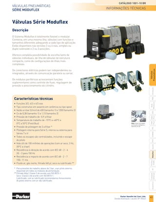 61
Válvulas pneumáticas
Série Isysnet
Catálogo 1001-10 BR
Parker Hannifin Ind. Com. Ltda.
Divisão Automação | Jacareí, SP | Brasil
dimensões
PXB
G50
pvl
phs
HV
Nova
Miniatura
Introdução
PVN
Plus
Adex
Plus
ISOMAX
Isysnet
Moduflex
P31PA
e
P32PA
Comando
bimanual
Acessórios
Válvulas
Pneumáticas
Isys ISO 5599-1
Manifold tamanho H1
Isys ISO 5599-1
Manifold tamanho H2
14
1
5 3
12
2
4
2
4
2
4
(3) 3/4”
1/8”
Piloto
1 1/4”
orifício para
conexão elétrica
A
D
E
E1
J
0,47 mm
C
G + (C x n)
n = Número de estações
F + (C x n)
B
H
1
4
2
2
4
2
4
2
4
C
G1 + (C x n)
F1 + (C x n)
n = Número de estações
Manifold montado com comunicação serial
(3) 1/2 saída inferior
(2) 3/8 ou 1/2
Utilização
14
1
3
2
4
5
12
1/8”
Piloto
c of Base
L
B
2
4
2
4
(2) 1/2 ou 3/4
Utlização
c of Base
L
H
A
4
2
1
(2) 3/8 saída inferior
(2) 1/8”
Piloto
1/2”
1, 3  5
5 3
1
E1
E
D
(2) 1/4 ou 3/8
Utilização
1” orifício para
conexão elétrica
n = Número de estações
G + (C x n)
n = Número de estações
Manifold montado com comunicação serial
Manifold montado com drive de comunicação
4
2
4
2
B
B1
B
B1
C
F + (C x n)
4
2
G1 + (C x n)
4
2
4
2
C
F + (C x n)
4
2
H
J
14
1
5 3
12
2
4
2
4
2
4
(3) 3/4”
1/8”
Piloto
1 1/4”
orifício para
conexão elétrica
A
D
E
E1
J
0,47 mm
C
G + (C x n)
n = Número de estações
F + (C x n)
B
H
1
4
2
2
4
2
4
2
4
C
G1 + (C x n)
F1 + (C x n)
n = Número de estações
Manifold montado com comunicação serial
(3) 1/2 saída inferior
(2) 3/8 ou 1/2
Utilização
c of Base
L
(2) 1/2 ou 3/4
Utlização
c of Base
L
A
4
2
1
(2) 3/8 saída inferior
(2) 1/8”
Piloto
1/2”
1, 3  5
5 3
1
E1
E
D
(2) 1/4 ou 3/8
Utilização
1” orifício para
conexão elétrica
n = Número de estações
G + (C x n)
n = Número de estações
Manifold montado com comunicação serial
Manifold montado com drive de comunicação
4
2
4
2
B
B1
B
B1
C
F + (C x n)
4
2
G1 + (C x n)
4
2
4
2
C
F + (C x n)
4
2
H
J
Dimensões	
A	B	B1	
C	D	E	
E1	F	G	
G1	
H	 J
ISO H1	 165	73	 67	 50	 8	 182	
108	33	
63,5	86	157	 93
Dimensões	A	 B	 C	 D	 E	 E1	 F	 F1	G	 G1	H	 J
ISO H2	 215	85	 56	 12	239	
134	30	 33	 60	 96	188	106
• Dimensões em mm.
 
