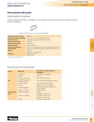 63
Válvulas pneumáticas
Série Moduflex
Catálogo 1001-10 BR
Parker Hannifin Ind. Com. Ltda.
Divisão Automação | Jacareí, SP | Brasil
PXB
G50
pvl
phs
HV
Nova
Miniatura
Introdução
PVN
Plus
Adex
Plus
ISOMAX
Isysnet
Moduflex
P31PA
e
P32PA
Comando
bimanual
Acessórios
Válvulas
Pneumáticas
*	 Para pressões de trabalho abaixo de 3 bar, usar piloto externo,
	 disponível em todos os módulos de alimentação.
**	Filtrado (40µ): Classe 5 de acordo com ISO 8573-1.
	 Seco: Classe 4 de acordo com ISO 8573-1.
	 Lubrificado: com ar lubrificado recomendamos fornecimento
	 do piloto externo com ar não lubrificado.
Descrição
O Sistema Moduflex é totalmente flexível e modular.
Combina, em uma mesma ilha, válvulas com funções e
tamanhos diferentes adequando a cada tipo de aplicação.
Estão disponíveis nas versões 3 ou 4 vias, simples ou
duplo solenoide e 2 ou 3 posições.
Oferece completa possibilidade de escolha tanto de
válvulas individuais, de ilha de válvulas de estrutura
compacta, como de configurações de ilhas mais
complexas.
Os conectores elétricos podem ser independentes ou
integrados, através de comunicação paralela ou serial.
Os módulos periféricos acrescentam funções
suplementares como controle de fluxo, regulagem de
pressão e posicionamento do cilindro.
Válvulas Série Moduflex
Características técnicas
•	 Funções 3/2, 4/2 e 4/3 vias
•	 Tipo construtivo em assento em cerâmica ou tipo spool
•	 Vazão a 6 bar (l/min) de 400 (tamanho 1) e 1200 (tamanho 2)
•	 Cv de 0,38 (tamanho 1) e 1,13 (tamanho 2)
•	 Pressão de trabalho de -0,9 a 8 bar
•	 Temperatura de trabalho de -15°C a +60°C e
	 0°C a 55°C (Field Bus)
•	 Pressão de pilotagem de 3 a 8 bar *
•	 Pilotagem interna para Série S, interna ou externa para
	 Séries T e V
•	 Todos os escapes são centralizados, incluindo o escape
	 do piloto
•	 Vida útil de 100 milhões de operações (com ar seco, 3 Hz,
	 20°C a 6 bar)
•	 Resistência à vibração de acordo com IEC 68 - 2 - 6	
	 2G - 2 para 150 Hz
•	 Resistência a impacto de acordo com IEC 68 - 2 - 7	 	
	 15G- 11 ms     
•	 Fluido ar, gás inerte, filtrado (40 µ), seco ou lubrificado **
informações técnicas
Nota: Clique na imagem
acima para configurar o
desenho em 3D.
 