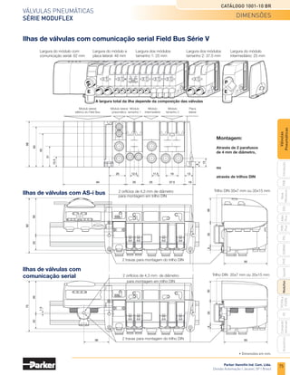 73
Válvulas pneumáticas
Série Moduflex
Catálogo 1001-10 BR
Parker Hannifin Ind. Com. Ltda.
Divisão Automação | Jacareí, SP | Brasil
PXB
G50
pvl
phs
HV
Nova
Miniatura
Introdução
PVN
Plus
Adex
Plus
ISOMAX
Isysnet
Moduflex
P31PA
e
P32PA
Comando
bimanual
Acessórios
Válvulas
Pneumáticas
A largura total da ilha depende da composição das válvulas
Módulo
tamanho1:
25 mm
Módulo
Intermediário:
25 mm
Módulo e
placa lateral:
48 mm
Módulo
tamanho 2:
37.5 mm
Módulo
pneumático lateral
Módulo de
tamanho 1
Módulo
tamanho 2
Placa
lateral
Montagem:
Através de 2 parafusos
de 4 mm de diâmetro
Módulo
intermediário
ou
através de trilho DIN
2 travas para montagem do trilho DIN
Trilho DIN 35x7 mm ou 35x15 mm
2 orifícios de 4,3 mm de diâmetro
para montagem em trilho DIN
Montagem das ilhas
de válvulas Série T
A largura total da
ilha depende da
composição das
válvulas
	Descrição	 A	 B	 C
	 Tubo D.E. 6 mm	 8	 13	 16
	 Tubo D.E. 8 mm	 9	 16	 19
	 Tubo D.E. 10 mm	 13	 18	 22
	 Tubo D.E. 12 mm	 12	 19	 25
	Silenciador	 -	 40	 -
Módulos laterais e intermediários
Módulos de válvulas
	Módulo	 Descrição	 A	 B	 C
	
Tamanho 1
	 Tubo D.E. 4 mm	 8	 10	 12
	 	 Tubo D.E. 6 mm	 8	 13	 16
	
Tamanho 2
	 Tubo D.E. 4 mm	 9	 16	 19
	 	 Tubo D.E. 6 mm	 13	 18	 22
• Dimensões em mm.
dimensões
 