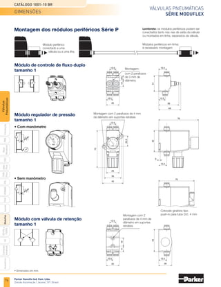74
Válvulas pneumáticas
Série Moduflex
Catálogo 1001-10 BR
Parker Hannifin Ind. Com. Ltda.
Divisão Automação | Jacareí, SP | Brasil
PXB
G50
pvl
phs
HV
Nova
Miniatura
Introdução
PVN
Plus
Adex
Plus
ISOMAX
Isysnet
Moduflex
P31PA
e
P32PA
Comando
bimanual
Acessórios
Válvulas
Pneumáticas
• Dimensões em mm.
Largura dos módulos
tamanho 1: 25 mm
Largura do módulo e
placa lateral: 48 mm
A largura total da ilha depende da composição da válvula
Largura dos módulos
tamanho 2: 37.5 mm
Largura do módulo
intermediário: 25 mm
Módulo
lateral
Módulo
tamanho 1
Módulo
tamanho 2
Placa
lateral
2 orifícios de 4,3 mm de diâmetro
para montagem em trilho DIN
Montagem:
Através de 2 parafusos
de 4 mm de diâmetro
2 travas para montagem do trilho DIN
Trilho DIN 35x7 mm ou 35x15 mm
Módulo
intermediário
Ilha de válvulas
com conector
multipino
Largura do módulo de
comunicação com
multipino: 15 mm
Montagem de
uma ilha de
válvulas Série V
ou
através de trilhos DIN
	Descrição	 A	 B	 C
	 Tubo D.E. 6 mm	 8	 13	 16
	 Tubo D.E. 8 mm	 9	 16	 19
	 Tubo D.E. 10 mm	 13	 18	 22
	 Tubo D.E. 12 mm	 12	 19	 25
	Silenciador	 -	 40	 -
Módulos laterais e intermediários
Módulos de válvulas
	Módulo	 Descrição	 A	 B	 C
	
Tamanho 1
	 Tubo D.E. 4 mm	 8	 10	 12
	 	 Tubo D.E. 6 mm	 8	 13	 16
	
Tamanho 2
	 Tubo D.E. 4 mm	 9	 16	 19
	 	 Tubo D.E. 6 mm	 13	 18	 22
dimensões
 