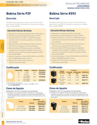 82
Válvulas pneumáticas
válvulas rotativas série HV
Catálogo 1001-10 BR
Parker Hannifin Ind. Com. Ltda.
Divisão Automação | Jacareí, SP | Brasil
PXB
G50
pvl
phs
HV
Nova
Miniatura
Introdução
PVN
Plus
Adex
Plus
ISOMAX
Isysnet
Moduflex
P31PA
e
P32PA
Comando
bimanual
Acessórios
Válvulas
Pneumáticas
Profundidade H
4 - ØS
Passantes
4 - ØS
Codificação
Dimensões
	A	 B	 C	 D	 E	 F	 H	 I	 K	 L	 PL	 PT	 ØS	 T	 Referência
	 49	 62	 79	 -	 54	 -	 -	 11	 33	 97,5	 95	 1/4	 5,5	 M5 x 0,8	 HVN4200-8
	 62	 72	 97	 17,6	 65,5	 77,7	 5,5	 13,9	 40	 114,5	 124	 3/8	 6,5	 M5 x 0,8	 HVN4400-10
	 62	 72	 97	 17,6	 65,5	 77,7	 5,5	 13,9	 40	 114,5	 124	 1/2	 6,5	 M5 x 0,8	 HVN4400-15
HVN4200 HVN4400
Kit de reparo
	Válvula	 Referência
	 HVN4200	 HVRK420001
	 HVN4400	 HVRK440001
Válvulas Rotativas Série HV
Características técnicas
•	 Função 4/3 CF
•	 Conexões de 1/4, 3/8 e 1/2 NPT
•	 Cv de 0,5 (1/4), 1,4 (3/8) e 1,5 (1/2)
•	 Pressão de trabalho de 0 a 10 bar
•	 Temperatura de trabalho de 0°C a +60°C
•	 Fluido ar comprimido, conforme ISO 8573-1; classe 3.4.3
Materiais
•	 Corpo de alumínio
•	 Vedações de poliuretano
•	 Tampa de Zamac
	Simbologia	 Versão	 Conexão	 Referência
	 	 Mini	1/4	
HVN4200-8
		
Média
	3/8	
HVN4400-10
			 1/2	 HVN4400-12
• Dimensões em mm.
informações técnicas e codificação
Nota: Clique na imagem
acima para configurar o
desenho em 3D.
 
