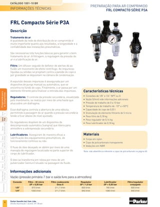 4
Preparação para ar comprimido
FRL Miniatura Série 14
Catálogo 1001-10 BR
Parker Hannifin Ind. Com. Ltda.
Divisão Automação | Jacareí, SP | Brasil
Série
P3A
Séries
R210/220
e
230
Série
06
e
07
Série
Hi-Flow
Série
Aço
inox
Acessórios
Série
Normal
e
Full
Size
Série
Global
Série
P3Y
Série
14
Preparacão
para
Ar
Comprimido
Informações técnicas e codificação
Codificação
Filtro
	
Conexão
	
Vazão
	 Elemento 	
Dreno	Referência
			 filtrante	
	
G 1/4”	 680 l/min	 5 micra
	Manual	 14F11BB1
				 Semiautomático	 14F15BB1
Pressão de entrada de 6,2 bar com 0,34 bar de queda de pressão.
Filtro/Regulador
	Conexão	 Vazão
	 Faixa de	 Elemento	
Dreno	Referência
			 regulagem	 filtrante
	 	
510
			Manual	 14E11B13FC1
	G 1/4”		 0 a 8,6 bar	 5 micra	 Semiauto-	
14E15B13FC1
	
	 l/min
			mático
	 	
510
	 		Manual	 14E11B13FC
	1/4” NPT		 0 a 8,6 bar	 5 micra	 Semiauto-	
14E15B13FC
	
	 l/min
			mático
Pressão de entrada de 6,9 bar com 0,69 bar de queda de pressão.
Regulador
	
Conexão	Vazão
	 Pressão	 Faixa de	
Referência
			 de entrada	 regulagem
	G 1/4”	 425 l/min	 0 a 20,7 bar	 0 a 8,6 bar	 14R113FC1
	 1/4” NPT	 425 l/min	 0 a 20,7 bar	 0 a 8,6 bar	 14R113FC
Pressão de entrada de 6,9 bar com 0,69 bar de queda de pressão.
Lubrificador
	 Conexão	 Vazão	 Capacidade do copo	 Referência
	 G 1/4”	 565 l/min	 30 ml	 04L10GB1
Pressão de entrada de 6,2 bar com 0,34 bar de queda de pressão.
Mínimo fluxo de ar para lubrificação: 14 l/min a 6,9 bar.
Descrição
A linha de FRL miniatura série 14 foi desenvolvida para
aplicações na indústria em geral que necessitam não
somente de economia de espaço, mas também de
qualidade do ar próxima ao ponto de utilização.
Em todos os casos, garantem uma ótima regulagem
de pressão e eficiência da retenção de contaminantes.
Disponível na bitola de 1/4”, corpo em zamac, copo em
policarbonato e elemento filtrante de 5 micra, de fácil
instalação e manutenção.
FRL Miniatura Série 14
Características técnicas
•	Conexão de 1/4” G ou NPT
•	 Vazão (l/min) vide codificação
•	 Pressão de trabalho de 150 psi
•	Temperatura de trabalho de 0°C a 52°C
•	Capacidade do copo de 30 ml
•	 Granulação do elemento filtrante de 5 micra
•	 Peso filtro de 0,18 kg
•	 Peso regulador de 0,14 kg
•	 Peso lubrificador de 0,18 kg
Materiais
•	Corpo em Zamac
•	Copo em policarbonato
•	Dreno manual e semiautomático
•	 Vedações em NBR
•	Manopla em plástico
Nota: vide advertência referente a copos de policarbonato na página 60.
Nota: Clique na imagem acima para configurar o desenho em 3D.
Filtro Regulador Lubrificador Filtro/Regulador
 