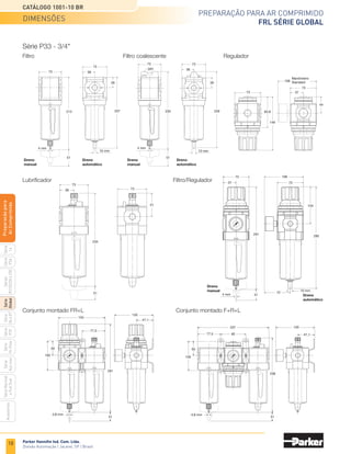 16
Preparação para ar comprimido
frl Série global
Catálogo 1001-10 BR
Parker Hannifin Ind. Com. Ltda.
Divisão Automação | Jacareí, SP | Brasil
Série
P3A
Séries
R210/220
e
230
Série
06
e
07
Série
Hi-Flow
Série
Aço
inox
Acessórios
Série
Normal
e
Full
Size
Série
Global
Série
P3Y
Série
14
Preparacão
para
Ar
Comprimido
Conjunto montado FR+L Conjunto montado F+R+L
Filtro/Regulador
Dimensões
Série P31 - 1/4
Filtro Filtro coalescente Regulador
Lubrificador
• Dimensões em mm.
4 mm
35
35
120
40
39,7
40
159,7
33
81
96
4 mm
40
33,3
35
35
176,9
80
39,7
81
96
Dreno
manual
Dreno
semiautomático Dreno
manual
Dreno
semiautomático
Dreno
manual
Dreno
semiautomático
40
20
40
21,4
124,8
119,6
33
4 mm
40
20
40
21,4
124,8
33
12,1 12,1
119,6
4 mm
30,6
56,8
40
40
61,3
20
76,3
Manômetro
Standard
Manômetro
Embutido
Manômetro
Standard
Manômetro
Embutido
Manômetro
Standard
Manômetro
Embutido
Manômetro
Standard
Manômetro
Embutido
104,1
73,5
176,9 172,0
40
40
20
33
4 mm
61,3
74,3
40
40
20
56,3
153,3
33
Dimensões
 
