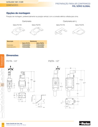 18
Preparação para ar comprimido
frl Série global
Catálogo 1001-10 BR
Parker Hannifin Ind. Com. Ltda.
Divisão Automação | Jacareí, SP | Brasil
Série
P3A
Séries
R210/220
e
230
Série
06
e
07
Série
Hi-Flow
Série
Aço
inox
Acessórios
Série
Normal
e
Full
Size
Série
Global
Série
P3Y
Série
14
Preparacão
para
Ar
Comprimido
Conjunto montado FR+L Conjunto montado F+R+L
Filtro/Regulador
Série P33 - 3/4
Filtro Filtro coalescente Regulador
Lubrificador
Dreno
manual
Dreno
automático
Dreno
manual
Dreno
automático
Dreno
manual
Dreno
automático
Manômetro
Standard
77,5
155
120
47,1
100
50
4,8 mm
291
51 51
82
77,5
237
238
100
50
4,8 mm
120
47,1
73
26
73
36
213 207
4 mm
10 mm
51
73
DPI
26
73
36
235 229
4 mm
10 mm
51
73
149
83,8
108
73
37
44
73
73
51
234
36
51
73
291
51
4 mm
285
37 73
72
104
108
10 mm
Dimensões
 