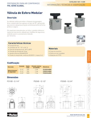 19
Preparação para ar comprimido
frl Série global
Catálogo 1001-10 BR
Parker Hannifin Ind. Com. Ltda.
Divisão Automação | Jacareí, SP | Brasil
Série
P3A
Séries
R210/220
e
230
Série
06
e
07
Série
Hi-Flow
Série
Aço
inox
Acessórios
Série
Normal
e
Full
Size
Série
Global
Série
P3Y
Série
14
Preparacão
para
Ar
Comprimido
	 Conexão 	 Descrição	 Vazão 	 Pressão máxima	 Referência
			 l/min	 de trabalho
		 Válvula solenoide, plug 110 VAC	 1019	 10 bar	 P31TA12SGNC1FN
	
G 1/4
	 Válvula solenoide, plug 24 VDC	 1019	 10 bar	 P31TA12SGNC2CN
		 Válvula piloto externo	 1019	 17 bar	 P31TA12PPN
		 Válvula solenoide, plug 110 VAC	 2860	 10 bar	 P32TA14SCNA3GN
	
G 1/2
	 Válvula solenoide, plug 24 VDC	 2860	 10 bar	 P32TA14SCNA2CN
		 Válvula piloto externo	 2860	 17 bar	 P32TA14PPN
	Para válvulas de partida suave com tensão de 220 VAC, consultar a fábrica.
	Para válvulas versões piloto, utilizar pressão piloto de 3 bar.
Codificação
Descrição
As válvulas de alimentação progressiva/descarga rápida
atende os principais requisitos de segurança industrial
garantindo a introdução controlada de pressão em
máquinas e/ou sistemas, importante fator de segurança
que pode evitar danos ao ferramental e/ou redes de ar
comprimido e o recurso de descarga rápida pode ser
acionado remotamente através do solenoide, com a
remoção da alimentação elétrica automaticamente a
válvula despressuriza todo o sistema pneumático por
medidas de segurança.
Válvula de Alimentação
Progressiva e Descarga Rápida
Características técnicas
•	 Função 3/2 vias
•	 Conexões de 1/4 e 1/2 G
•	 Faixa de temperatura de -10°C a 50°C
•	 Pressão de entrada de 3 a 17 bar
•	 Vazão de 1019 l/min (P31T) e 2860 l/min (P32T)
•	 Grau de proteção de IP65
•	 Conformidade CE, EMC (89/336/EEC)
•	 Fluido ar comprimido, conforme ISO 8573-1; classe 3.4.3
Materiais
•	 Corpo em alumínio
•	 Vedações em NBR
informações técnicas e codificação
Nota: Clique na imagem
acima para configurar o
desenho em 3D.
 