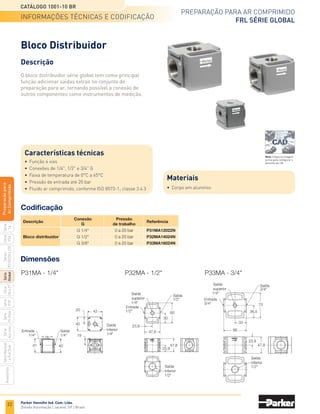 20
Preparação para ar comprimido
frl Série global
Catálogo 1001-10 BR
Parker Hannifin Ind. Com. Ltda.
Divisão Automação | Jacareí, SP | Brasil
Série
P3A
Séries
R210/220
e
230
Série
06
e
07
Série
Hi-Flow
Série
Aço
inox
Acessórios
Série
Normal
e
Full
Size
Série
Global
Série
P3Y
Série
14
Preparacão
para
Ar
Comprimido
P31TA - 1/4 P32TA - 1/2
Dimensões
	Descrição	 Referência
		 Série P31TA	 Série P32TA
	 Cantoneira	 P3HKA00MC	P3KKA00MC
	 Cantoneira em L	 P3HKA00ML	P3KKA00ML
Cantoneira Cantoneira em L
Série P31TA Série P32TA Série P31TA Série P32TA
- +
5
40
4
24
37
57
Pressão
(p)
Tempo (t)
84
30,5
136
166
- +
5
64,5
88
2,27
174,5
75
26
6
57,2
53
109,5
Opções de montagem
Posição de montagem, preferencialmente na posição vertical, com a conexão elétrica voltada para cima.
Dimensões
 
