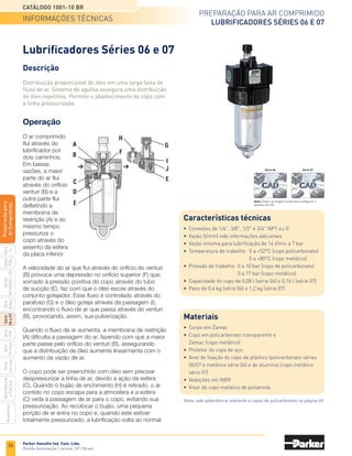 34
Preparação para ar comprimido
Filtros/reguladores conjugados
Séries 06 e 07
Catálogo 1001-10 BR
Parker Hannifin Ind. Com. Ltda.
Divisão Automação | Jacareí, SP | Brasil
Série
P3A
Séries
R210/220
e
230
Série
06
e
07
Série
Hi-Flow
Série
Aço
inox
Acessórios
Série
Normal
e
Full
Size
Série
Global
Série
P3Y
Série
14
Preparacão
para
Ar
Comprimido
	Corpo básico de 3/8.
	Solicitar a porca para fixação do filtro/regulador conjugado (P04082) em separado.
	Para 17 bar, utilizar válvula de bloqueio com partida suave.
	Corpo básico de 1/2.
	Solicitar a porca para fixação do filtro/regulador conjugado (P04082) em separado.
	Para 17 bar, utilizar válvula de bloqueio com partida suave.
0 6 E	 C	
0 7 E	 C	
Gabarito de codificação
Série 06
Série 07
codificação
Revisão
de produto
Revisão
de produto
Opções do copo
	
1
	 Copo de policarbonato
			 com dreno manual
			 Copo de policarbonato
	 2	 com protetor metálico e
			 dreno manual
	
4
	 Copo metálico com dreno
			 manual e visor de nível
	
5
	 Copo de policarbonato
			 com dreno automático
			 Copo de policarbonato
	 6	 com protetor metálico e
			 dreno automático
	
8
	 Copo metálico com dreno
			 automático e visor de nível
Opções do copo
	
1
	 Copo de policarbonato
			 com dreno manual
			 Copo de policarbonato
	 2	 com protetor metálico e
			 dreno manual
	
4
	 Copo metálico com dreno
			 manual e visor de nível
	
5
	 Copo de policarbonato
			 com dreno automático
			 Copo de policarbonato
	 6	 com protetor metálico e
			 dreno automático
	
8
	 Copo metálico com dreno
			 automático e visor de nível
Granulação do
elemento filtrante
	 A	 40 micra
	 B	 5 micra
Granulação do
elemento filtrante
	 A	 40 micra
	 B	 5 micra
Rosca
	Omitir	 NPT
	 1	 G
Rosca
	Omitir	 NPT
	 1	 G
Conexão
	 1	 1/4
	 2	 3/8
	 3	 1/2
* Não disponível na versão com copo de policarbonato.
Faixa de pressão
	 13	 0,14 a 8,5 bar sem manômetro
	15	 0,35 a 17,0 bar sem manômetro *
	 18	 0,14 a 8,5 bar com manômetro
	21	 0,35 a 17,0 bar com manômetro *
* Não disponível na versão com copo de policarbonato.
Faixa de pressão
	 13	 0,14 a 8,5 bar sem manômetro
	15	 0,35 a 17,0 bar sem manômetro *
	 18	 0,14 a 8,5 bar com manômetro
	21	 0,35 a 17,0 bar com manômetro *
Função
	A	 Com sangria
	 L	 Sem sangria
Função
	A	 Com sangria
	 L	 Sem sangria
Conexão
	 3	 1/2
	 4	3/4
 