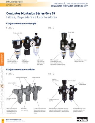 38
Preparação para ar comprimido
lubrificadores Séries 06 e 07
Catálogo 1001-10 BR
Parker Hannifin Ind. Com. Ltda.
Divisão Automação | Jacareí, SP | Brasil
Série
P3A
Séries
R210/220
e
230
Série
06
e
07
Série
Hi-Flow
Série
Aço
inox
Acessórios
Série
Normal
e
Full
Size
Série
Global
Série
P3Y
Série
14
Preparacão
para
Ar
Comprimido
0 6 L	 B	E	
0 7 L	 B	E	
	Corpo básico de 3/8.
Série 07
Gabarito de codificação
Série 06
codificação
	Corpo básico de 1/2.
Revisão
de produto
Revisão
de produto
Opções do copo
	
1
	 Copo de policarbonato
			 com dreno manual
			 Copo de policarbonato
	 2	 com protetor metálico e
			 dreno manual
	
4
	 Copo metálico com dreno
			 manual e visor de nível
Opções do copo
	
1
	 Copo de policarbonato
			 com dreno manual
			 Copo de policarbonato
	 2	 com protetor metálico e
			 dreno manual
	
4
	 Copo metálico com dreno
			 manual e visor de nível
Rosca
	Omitir	 NPT
	 1	 G
Rosca
	Omitir	 NPT
	 1	 G
Conexão
	 1	 1/4
	 2	 3/8
	 3	 1/2
Conexão
	 3	 1/2
	 4	3/4
 