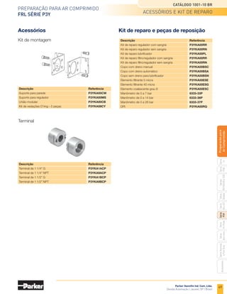 47
Preparação para ar comprimido
FRL Série p3Y
Catálogo 1001-10 BR
Parker Hannifin Ind. Com. Ltda.
Divisão Automação | Jacareí, SP | Brasil
Série
P3A
Séries
R210/220
e
230
Série
06
e
07
Série
Hi-Flow
Série
Aço
inox
Acessórios
Série
Normal
e
Full
Size
Série
Global
Série
P3Y
Série
14
Preparacão
para
Ar
Comprimido
Dimensões
Regulador
Filtro Filtro coalescente
Filtro/regulador conjugado
• Dimensões em mm.
dimensões
Mínimo 80 mm
para descarga
Mínimo 80 mm
para descarga
Mínimo 80 mm
para descarga
 