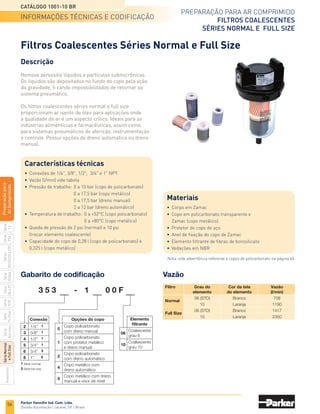 54
Catálogo 1001-10 BR
Preparação para ar comprimido
FRL série aço inox
Parker Hannifin Ind. Com. Ltda.
Divisão Automação | Jacareí, SP | Brasil
Série
P3A
Séries
R210/220
e
230
Série
06
e
07
Série
Hi-Flow
Série
Aço
inox
Acessórios
Série
Normal
e
Full
Size
Série
Global
Série
P3Y
Série
14
Preparacão
para
Ar
Comprimido
Filtro/regulador
PB548-02DHCSS
67
159
para remoção do
Distância requerida
copo
40
92
40
60
127
91
218
54
44
para remoção do
copo
Distância requerida
64
PB11-04WJCSS
dimensões
• Dimensões em mm.
Kit de reparo e peças de reposição
Descrição		Referência
	 Série 06		 Série 07
Kit de reparo do conjunto pescador	 PS718P		PS718P
Protetor metálico para copo transparente	 PS705P		PS805P
Copo transparente sem dreno	 PS746P		PS846P
Copo metálico com dreno manual *	 PS729P		PS829P
Conjunto gotejador e tampa de alimentação	 PS738P		PS738P
Conjunto visor para copo metálico	 PS914P		PS914P
Suporte de fixação (inclui 4 parafusos)	 PS743P		PS843P
* Inclui conjunto do visor de nível e colar de fixação no copo.
 