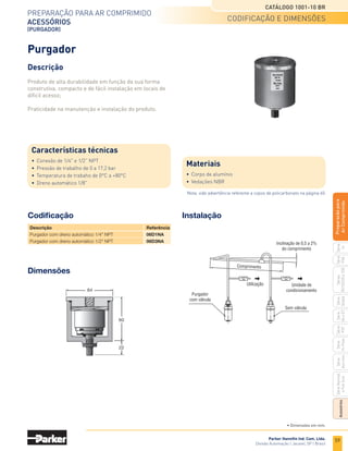 57
Preparação para ar comprimido
filtros coalescentes
Séries Normal e Full Size
Catálogo 1001-10 BR
Parker Hannifin Ind. Com. Ltda.
Divisão Automação | Jacareí, SP | Brasil
Série
P3A
Séries
R210/220
e
230
Série
06
e
07
Série
Hi-Flow
Série
Aço
inox
Acessórios
Série
Normal
e
Full
Size
Série
Global
Série
P3Y
Série
14
Preparacão
para
Ar
Comprimido
Dimensões
Séries normal e full size
Dreno
automático
Dreno
manual
* Filtro de Ø 3/4 com corpo de 1/2.
	
Filtro	
Rosca	
A	B	C	D	E	F	G	H
		 NPT
		 1/4	 175	
90,5	
15,5	
97,5	16	69,8	
58,0	
195
	
Normal
	 3/8	 175	
90,5	
15,5	
97,5	16	69,8	
58,0	
195
		 1/2	 175	
90,5	
15,5	
97,5	16	69,8	
58,0	
195
		 3/4 *	175	
90,5	
15,5	
97,5	16	69,8	
58,0	
195
	Full size
	 3/4	 235	109,0	21,0	113	 -	 -	 63,5	259
		 1	 235	109,0	21,0	113	 -	 -	 63,5	259
Referência: PS506P
Acessórios
Dreno automático
Indicador de pressão
diferencial (DPI)
Referência: 6360-3003
Sua utilização é bastante recomendada, pois indica o
momento certo da troca do elemento coalescente, ou
seja, quando o mesmo está saturado por contaminantes
e, consequentemente, gerando uma grande queda de
pressão.
Peças de reposição
Elemento filtrante
*	 Tamanho do elemento em polegadas.
	Usar uma vírgula na última casa decimal, por exemplo: tamanho 06 - 013 = 0,6 de diâmetro
	 interno por 1,3 de comprimento.
	 Filtro	 Tamanho do	 Grau do	 Cor da tela	 Referência
		 elemento*	 elemento	 do elemento
	
Normal	 10 - 025
	 06 (STD)	 Branco	 6CU10-025
	 		
10	Laranja	 10CU10-025
	 Full Size	 13 - 042
	 06 (STD)	 Branco	 6CU13-042
	 	 	 10	Laranja	
10CU13-042
Copo e protetor de copo
	 Descrição	 Referência	Referência
		 normal	 full size
	 Conjunto de copo transparente
	 com dreno manual	
3532-0500	3536-0500
	 Conjunto de copo transparente
	 com dreno automático	
3532-7508	3536-7508
	 Conjunto de copo metálico
	 com dreno manual	
3532-0400	3536-0400
	 Conjunto de copo metálico
	 com dreno automático	
3532-7520	3536-7520
	 Protetor metálico	 3532-0100	3536-0100
dimensões e acessórios
• Dimensões em mm.
 