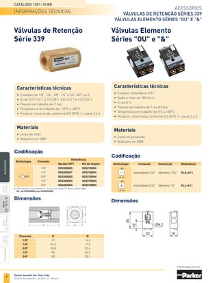 2
CATÁLOGO 1001-10 BR
Parker Hanniﬁn Ind. Com. Ltda.
Divisão	Automação	|	Jacareí,	SP	|	Brasil
ACESSÓRIOS
Índice
Válvulas de controle de vazão 337 1/8, 1/4, 3/8, 1/2 e 3/4 NPT 3
Válvulas de escape rápido 0R 1/8, 1/4, 3/8, 1/2 e 3/4 NPT ou G 3
Válvulas de retenção 339 1/4, 3/8, 1/2, 3/4 e 1 NPT ou G 4
Válvulas Elemento
OU Instantânea 5/32 4
 Instantânea 5/32 4
Válvulas de alívio de pressão 5070 1/4 NPT ou G 5
União rotativa 1/8, 1/4 e 1/2 NPT ou G 5
Pressostato
6390 1/4 NPT 6
KL 1/4 G 6
Silenciadores 1/8 a 1 1/2 NPT ou G 7
A
C
E
S
S
Ó
R
I
O
S
Descrição Série Conexão Página
Válvulas	Controle	
de	Vazão	
Série	337
Válvulas	de	
Escape	Rápido
Série	0R
Válvulas	Alívio	
de	Pressão	
Série	5070
Válvulas	de	Retenção	
Séries	339
União
Rotativa
ÍnDIce
Pressostato
Série	6390
Pressostato
Série	KL
Válvulas	Elemento	
Séries	OU	e	
Séries
337	e	0R
Séries
339,	OU	e	
Séries
6390	e	KL
Silenciadores
Séries
5070	e	Rotativa
Acessórios
 