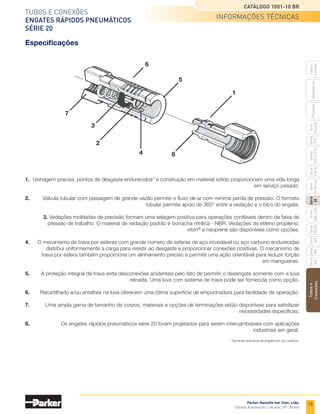 13
Tubos e conexões
Válvulas de esfera miniatura
Séries 608 e 609
Catálogo 1001-10 BR
Parker Hannifin Ind. Com. Ltda.
Divisão Automação | Jacareí, SP | Brasil
Tubos
e
Conexões
Série
520
Série
502
Série
26
Rectus
Série
425-S
Séries
3251
e
PTF
Série
500
Série
20
Série
PFC
Série
Easylok
Prestolok
Adaptadores
Tubos
e
Cortador
Série
502SS
Séries
608
e
609
Codificação e dimensões
• Dimensões em polegadas.
MV608
Válvula de esfera
MV609
Válvula de esfera
Codificação e dimensões
	 Manípulo na cor amarela.
	 Manípulo na cor amarela.
	Rosca	 A	
B	C
	Vazão	
Referência
	Nptf	sextavado		 	 Ø D
	 1/8-27	 0.83	 1.72	 1.12	0.240	 MV608-2
	 1/4-18	 0.83	 1.72	 1.12	0.300	 MV608-4
	 3/8-18	 0.83	 1.72	 1.12	0.300	 MV608-6
	 1/2-14	 0.98	 2.11	 1.20	0.380	 MV608-8
	Rosca	 A	
B	C
	Vazão	
Referência
	Nptf	sextavado		 	 Ø D
	1/8-27	 0.83	 1.72	 1.12	0.240	 MV609-2
	 1/4-18	 0.83	 1.72	 1.12	0.300	 MV609-4
	 3/8-18	 0.83	 1.72	 1.12	0.300	 MV609-6
	 1/2-14	 0.98	 2.11	 1.20	0.380	 MV609-8
 