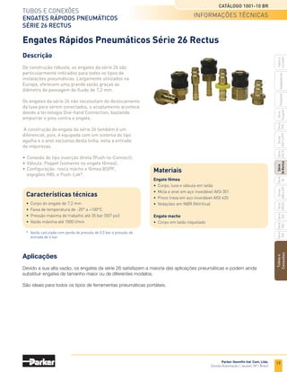 17
Tubos e conexões
Engates rápidos pneumáticos
Série 20
Catálogo 1001-10 BR
Parker Hannifin Ind. Com. Ltda.
Divisão Automação | Jacareí, SP | Brasil
Tubos
e
Conexões
Série
520
Série
502
Série
26
Rectus
Série
425-S
Séries
3251
e
PTF
Série
500
Série
20
Série
PFC
Série
Easylok
Prestolok
Adaptadores
Tubos
e
Cortador
Série
502SS
Séries
608
e
609
• Dimensões em polegadas.
	Os engates rápidos pneumáticos Parker em aço carbono são zincados e cromatizados com cromo trivalente.
Espigão Push-Lok®
	 Corpo	 D. I.	 Tamanho	 Comprimento 	 B	 Ø	 Referência
		 mangueira	 corpo	 total	 sextavado	 maior	
			 (pol.)	 A		 C		
	
Latão
	 1/4	 1/4	 2.32	 0.75	0.88	 B20-3BP
		 3/8	 1/4	 2.47	 0.75	0.88	 B20-5BP
	 Aço
	 3/8	 3/8	 2.88	 0.88	1.06	 24-5BP
		 3/8	 1/2	 3.35	 1.00	1.19	 16-5BP
	
carbono
	 1/2	 1/2	 3.46	 1.00	1.19	 16-6BP
*	 Os espigões Push-Lok®
foram projetados para serem montados com mangueiras Parker Push-Lok®
e
	 não necessitam braçadeiras.
Pinos de engate
Rosca fêmea - NPTF
	Corpo	 Rosca	 Tamanho	 Comprimento 	Dimensão	 F	 Ø	 Referência
		 NPTF	 corpo	 total	 exposta	 sextavado	 maior	
			 (pol.)	 D	 E *		 G		
		 1/4-18	1/4	 1.56	 0.80	 0.62	0.72	BH3C
	Latão	 3/8-18	3/8	 1.69	 0.74	 0.81	0.94	BH3E
		 1/2-14	1/2	 2.25	 1.01	 1.00	1.16	 BH3F
		 1/8-27	1/4	 1.38	 0.61	 0.5	 0.58	H1C
		 1/4-18	1/4	 1.56	 0.8	 0.62	0.72	H3C
		 3/8-18	1/4	 1.6	 0.83	 0.81	0.94	H3C-E
	Aço	 1/4-18	3/8	 1.6	 0.65	 0.62	0.72	H1E
	carbono	 3/8-18	3/8	 1.69	 0.74	 0.81	0.94	H3E
		 1/2-14	3/8	 1.84	 0.9	 1	 1.16	H3E-F
		 3/8-18	1/2	 2.03	 0.79	 0.81	0.94	H1F
		 1/2-14	1/2	 2.25	 1.01	 1	 1.16	 H3F
		 3/4-14	1/2	 2.38	 1.13	 1.25	1.44	H3F-G
	Corpo	 Rosca	 Tamanho	 Comprimento 	Dimensão	 F	 Ø	 Referência
		 NPTF	 corpo	 total	 exposta	 sextavado	 maior	
			 (pol.)	 D	 E *		 G		
		 1/4-18	1/4	 1.72	 0.95	 0.56	0.65	BH2C
	Latão	 3/8-18	3/8	 1.91	 0.96	 0.69	 0.8	BH2E
		 1/2-14	1/2	 2.47	 1.22	 0.88	1.01	BH2F
		 1/8-27	1/4	 1.56	 0.8	 0.5	 0.58	H0C
		 1/4-18	1/4	 1.72	 0.95	 0.56	0.65	H2C
		 3/8-18	1/4	 1.81	 1.05	 0.69	 0.8	
H2C-E
		 1/8-27	3/8	 1.72	 0.77	 0.62	0.72	H00E
	Aço	 1/4-18	3/8	 1.88	 0.93	 0.62	0.72	H0E
	carbono	3/8-18	 3/8	 1.91	 0.96	 0.69	 0.8	H2E
		 1/2-14	3/8	 2.12	 1.18	 0.88	1.02	H2e-f
		 3/8-18	1/2	 2.31	 1.07	 0.69	0.79	H0F
		 1/2-14	1/2	 2.47	 1.22	 0.88	1.01	H2F
		 3/4-14	1/2	 2.53	 1.29	 1.13	 1.3	H2F-G
* Esta dimensão representa a parte do bico de engate que fica exposta quando ele é inserido em um acoplamento Parker.
Rosca macho - NPTF
* Esta dimensão representa a parte do bico de engate que fica exposta quando ele é inserido em um acoplamento Parker.
codificação e dimensões
 