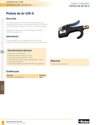20
TUBOS	E	CONEXÕES
ENGATES RÁPIDOS PNEUMÁTICOS
SÉRIE 26 RECTUS
CATÁLOGO 1001-10 BR
Parker Hanniﬁn Ind. Com. Ltda.
Divisão	Automação	|	Jacareí,	SP	|	Brasil
Tubos
e
Conexões
Série
520
Série
502
Série
26
Rectus
Série	
425-S
Séries
3251	e	PTF
Série
500
Série
20
Série
PFC
Série
Easylok
Prestolok
Adaptadores
Tubos	e	
Cortador
Série
502SS
Séries
608	e	609
Engate de latão
Rosca macho BSPP
Rosca fêmea BSPP
Código
Código
Código
26kAAW13MPN 7,2 1/4-19 25 22 39 9
26kAAW17MPN 7,2 3/8-19 25 22 41 9
26kAAW21MPN 7,2 1/2-14 25 22 44 12
26kATF06MPN 7,2 6 25 21 58 25
26kATF08MPN 7,2 8 25 21 58 25
26kATF10MPN 7,2 10 25 21 58 25
26kAIW13MPN 7,2 1/4-19 25 22 41 9
26kAIW17MPN 7,2 3/8-19 25 22 41 9
26kAIW21MPN 7,2 1/2-14 25 24 44 10
A
BSPP
A
mm
A
BSPP
Corpo
mm
Corpo
mm
Corpo
mm
D
D
D
L
L
L
L1
L1
L1
Espigão tipo HBL
7,2 mm
Fluxo (l/min)
4
3
2
1
0 5 10 15 20 25 30
0
Perda
de
pressão
(bar)
7,2 mm
Fluxo (l/min)
0.8
0.7
0.6
0.5
0.4
0.3
0.2
0.1
0 200 400 600 800 1000 1200
0
Perda
de
pressão
(bar)
Perda de pressão
Testes realizados com ar, pressão
de entrada de 6 bar.
Testes realizados com água
Codificação e dimensões
codIfIcação e dImensões
 
