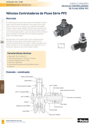 24
Tubos e conexões
Válvulas controladoras
de fluxo prestoflow Séries 3251 e PTF
Catálogo 1001-10 BR
Parker Hannifin Ind. Com. Ltda.
Divisão Automação | Jacareí, SP | Brasil
Tubos
e
Conexões
Série
520
Série
502
Série
26
Rectus
Série
425-S
Séries
3251
e
PTF
Série
500
Série
20
Série
PFC
Série
Easylok
Prestolok
Adaptadores
Tubos
e
Cortador
Série
502SS
Séries
608
e
609
PTF4PB
Rosca macho BSPP / tubo
03251
Tubo / macho NPT
	Tubo
	Rosca	
a	b	c
	Ø	
e
	Ø	
h	 J	k	M
	Ø	Peso	
Referência
		 BSPP	 			D		F		 			 N	(g)	
	4	 1/8-28	 14	34,5	
30,1	3,0	 2	 10	 14	 6	 10,7	 22	14,4	 35	PTF4PB4-1/8
		 1/8-28	 14	 34,5	31,6	 3,2	 2	 12	 14	 6	 10,7	 23,5	14,4	 37	PTF4PB6-1/8
	6	 1/4-19	 17	 41	34,9	5,2	 4	 12	 17	 7	 13,8	25	
18,4	65	PTF4PB6-1/4
		 3/8-19	 22	 51	 40,7	5,5	 4	 12	 22	 7	 17,3	 28	21,6	142	PTF4PB6-3/8
		 1/8-28	 14	34,5	
33,1	3,2	 2	 14	 14	 6	 10,7	 25	14,4	 43	PTF4PB8-1/8
	8	 1/4-19	 17	 41	 38,3	 5,2	 4	 14	 17	 7	 13,8	 28,5	18,4	 70	PTF4PB8-1/4
		 3/8-19	 22	 51	 42,2	 6,0	 4	 14	 22	 7	 17,3	 29,5	21,6	 146	PTF4PB8-3/8
		 1/4-19	 17	 41	 41,3	 5,2	 4	 17	 17	 7	 13,8	 31,5	18,4	 67	PTF4PB10-1/4
	10	3/8-19	22	
51	
45,5	6	 4	 17	22	 7	
17,3	
34	
21,6	
131	PTF4PB10-3/8
		 1/2-14	 27	 61	 52,1	 8	 4	 17	 27	 9	 20,1	 36,5	26,5	 231	PTF4PB10-1/2
	
12
	 3/8-19	 22	 51	 45,5	 6	 4	 20	 22	 7	 17,3	 34	21,6	150	PTF4PB12-3/8
		 1/2-14	 27	 61	 52,1	 8,5	 4	 20	 27	 9	 20,1	 36,5	26,5	 232	PTF4PB12-1/2
Rosca	
Ø
	A	 B	 C	 Cv	
NPT	
	 pol.	mm	pol.	mm	pol.	mm
	 Fluxo	 Fluxo	Referência
macho	
do tubo
							
ajustado	
livre
1/4	 1/4	 1.99	51	1.40	36	0.91	23	 0.51	 0.44	 032512525
3/8	 3/8	 2.28	58	1.71	43	1.06	27	 0.78	 0.65	032513838
		 Rosca NPT	 A	 B	 C	 Cv	
	
Macho	
Fêmea	pol.	mm	pol.	mm	pol.	mm
	 Fluxo	 Fluxo	Referência
									
ajustado	
livre
		 1/8	 1/8	 1.74	44	1.18	30	0.67	17	 0.26	 0.20	 032510125
		 1/4	 1/4	 1.99	51	1.40	36	0.91	23	 0.75	 0.68	 032510250
		 3/8	 3/8	 2.28	58	1.71	43	1.06	27	 0.84	 0.72	 032510375
		 1/2	1/2	 2.69	68	1.98	53	1.26	32	 1.64	 1.41	032510500
E Sext.
C
M
ØF
Tubo
A
Rosca
ØD
ØN
H Sext.
K
J
B
Fluxo
livre
A
aberto
B
B1
Fluxo
controlado
C
Codificação e dimensões
03251
Macho / fêmea NPT
• Dimensões em mm.
Fluxo
livre
A
aberto
B
Fluxo
controlado
C
	Materiais: corpo em latão e parafuso de regulagem em latão.
codificação e dimensões
 