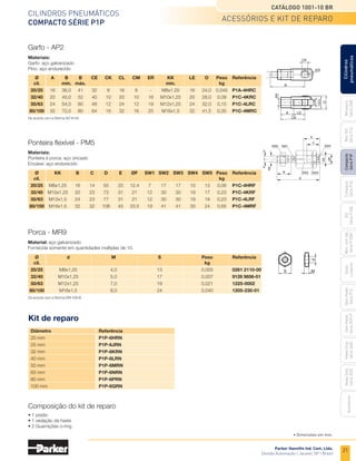 21
Cilindros pneumáticos
Compacto Série P1P
Catálogo 1001-10 BR
Parker Hannifin Ind. Com. Ltda.
Divisão Automação | Jacareí, SP | Brasil
Miniatura
Série
3300
Mini
ISO
Série
P1A
Compacto
Série
P1P
Compacto
Série
P1Q
ISO
Série
P1EB
Cilindros
pneumáticos
Mon.
com
Vál.
Série
P1EBV
Guias
Lineares
Sem
Haste
Série
P1Z
Sem
Haste
Série
OSP-P
Heavy
Duty
Série
3400
Acessórios
Heavy
Duty
Série
3520
acessórios e kit de reparo
Ponteira flexível - PM5
Materiais:
Ponteira e porca: aço zincado
Encaixe: aço endurecido
	 Ø	 KK	 B	 C	 D	 E	 ØF	 SW1	SW2	SW3	SW4	SW5	Peso	Referência
	
cil.												
kg
	20/25	
M8x1.25	
16	14	55	20	
12.4	7	 17	17	10	13	
0,06	
P1C-4HRF
	32/40	 M10x1.25	
20	23	73	31	21	12	30	30	19	17	
0,23	
P1C-4KRF
	50/63	 M12x1.5	
24	23	77	31	21	12	30	30	19	19	
0,23	
P1C-4LRF
	80/100	 M16x1.5	
32	32	
108	
45	
33.5	
19	41	41	30	24	
0,65	
P1C-4MRF
• Dimensões em mm.
Garfo - AP2
Materiais:
Garfo: aço galvanizado
Pino: aço endurecido
	 Ø	 A	 B	 B	 CE	 CK	 CL	 CM	 ER	 KK	 LE	 O	 Peso	Referência
	
cil.		
mín.	
máx.						mín.			
kg
	20/25	 16	36,0	41	 32	 8	 16	 8	 -	 M8x1,25	 16	24,0	
0,045	P1A-4HRC
	32/40	 20	45,0	52	 40	 10	 20	 10	 16	M10x1,25	 20	28,0	0,09	P1C-4KRC
	50/63	 24	54,0	60	 48	 12	 24	 12	 19	M12x1,25	 24	32,0	0,15	P1C-4LRC
	80/100	 32	72,0	80	 64	 16	 32	 16	 25	 M16x1,5	 32	41,5	0,35	P1C-4MRC
De acordo com a Norma SO 8140.
Porca - MR9
Material: aço galvanizado
Fornecida somente em quantidades múltiplas de 10.
	Ø	 d	 M	 S	 Peso	 Referência
	cil.				 kg
	20/25	 M8x1,25	4,0	 13	 0,005	 0261 2110-00
	32/40	 M10x1,25	5,0	 17	 0,007	 9128 9856-01
	50/63	 M12x1,25	7,0	 19	 0,021	1225-0002
	80/100	 M16x1,5	8,0	 24	 0,040	1205-230-01
De acordo com a Norma DIN 439 B.
Diâmetro	Referência	
20 mm	P1P-6HRN
25 mm	P1P-6JRN
32 mm	P1P-6KRN
40 mm	P1P-6LRN
50 mm	P1P-6MRN
63 mm	P1P-6NRN
80 mm	P1P-6PRN
100 mm	P1P-6QRN
• 1 pistão
• 1 vedação da haste
• 2 Guarnições o-ring
Kit de reparo
Composição do kit de reparo
 
