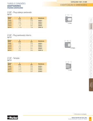 47
Catálogo 1001-10 BR
Parker Hannifin Ind. Com. Ltda.
Divisão Automação | Jacareí, SP | Brasil
Tubos
e
Conexões
Série
520
Série
502
Série
26
Rectus
Série
425-S
Séries
3251
e
PTF
Série
500
Série
20
Série
PFC
Série
Easylok
Prestolok
Adaptadores
Tubos
e
Cortador
Série
502SS
Séries
608
e
609
Tubos e conexões
adaptadores
(padrão americano)
• Dimensões em polegada.
M
N
D
L
P
D
B Sext. C Sext.
C
A
B
L
P
J
Dimensões em mm
	A	 B	 C	 J	 L	 P	
Referência
	
NPTF	 BSPP	
mm	mm	mm	mm
	1/8-27	 1/8-28	
14	10	22	10	 1/8FHG4B
	1/4-18	 1/4-19	
19	15	32	14	 1/4FHG4B
	3/8-18	 3/8-19	
22	15	32	14	 3/8FHG4B
	1/2-14	 1/2-14	
27	20	42	19	 1/2FHG4B
	Rosca	 M	 N	 D	
Referência
	NPTF	 pol.	 pol.	 Ø de vazão
	 1/8-27	 0.38	 0.50	0.220	 2214P-2-2
	 1/4-18	 0.54	 0.70	0.314	 2214P-4-4
	 3/8-18	 0.54	 0.78	0.440	 2214P-6-6
	 1/2-14	 0.73	 1.00	0.562	 2214P-8-8
	 3/4-14	 0.73	 1.04	0.750	 2214P-12-12
	Rosca	 Rosca	 B	 C	 P	 L	 D	
Referência
	NPTF	 UNF	 sext.	sext.	 pol.	 pol.	 Ø de vazão
	 1/8-27	 5/8-18	 7/8	 15/16	0.89	1.50	 0.328	 207ACBH-2
	 1/8-27	 5/8-18	 7/8	 15/16	0.35	0.46	 0.328	 207ACBHS-2
	 1/4-18	 3/4-16	 1	 1 1/8	 0.81	 1.50	 0.421	 207ACBH-4
	 1/4-18	 3/4-16	 1	 1	 0.25	0.94	 0.421	 207ACBHS-4
	 3/8-18	 1-14	 1 1/8	 1 1/4	 0.62	 1.31	 0.570	 207ACBH-6
	 1/2-14	 1 1/8-14	 1 1/4	 1 3/8	 0.75	 1.50	 0.688	 207ACBH-8
FHG4 - Adaptador macho-fêmea
Macho NPTF / fêmea BSPP
2214P - Cotovelo 45°macho-fêmea
NPTF
207ACBH - Junta de acoplamento
Fêmea NPTF / macho UNF
codificação e dimensões
M
D
M
	Rosca	 M	 D	
Referência
	NPTF	 pol.	 Ø de vazão
	1/8-27	 0.71	0.220	 1204P-2
	 1/4-18	 1.09	0.312	1204P-4
	 3/8-18	 1.09	0.406	 1204P-6
	 1/2-14	 1.41	0.562	1204P-8
1204P - Cotovelo macho
NPTF
M
N
D
	Rosca	 M	 N	 D	
Referência
	NPTF	 pol.	 pol.	 Ø de vazão
	 1/8-27	 0.81	 0.56	0.220	 1202P-2-2
	 1/4-18	 1.08	 0.69	0.314	1202P-4-4
	 3/8-18	 1.25	 0.78	0.428	 1202P-6-6
1202P - Cotovelo 90° macho-fêmea
NPTF
 