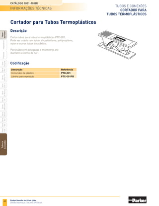58
Tubos e conexões
Tubos termoplásticos de poliuretano
Séries FCB-PU, U e UM
Catálogo 1001-10 BR
Parker Hannifin Ind. Com. Ltda.
Divisão Automação | Jacareí, SP | Brasil
Tubos
e
Conexões
Série
520
Série
502
Série
26
Rectus
Série
425-S
Séries
3251
e
PTF
Série
500
Série
20
Série
PFC
Série
Easylok
Prestolok
Adaptadores
Tubos
e
Cortador
Série
502SS
Séries
608
e
609
Série “U” em polegada
Série “UM” em milímetro
	
D. E. 	 D. I.
	 Espessura 	 Pressão de 	 Pressão mínima	 Raio mínimo	 Peso por	
			 da parede	 trabalho	 de ruptura	 de curvatura	 100 metros	 Referência
	
mm	mm
	 mm	 bar @ 20°C	 bar @ 20°C	 mm	 kg
	4	 2.5	 0,75	 10	 30	 17	0,90	 FCB-PU4x0.75/3
	6	 4	 1,00	 10	 30	 27	1,80	 FCB-PU6x1/3
	8	 5.5	 1,25	 10	 30	 37	3,40	 FCB-PU8x1.25/3
	10	 7	 1,50	 10	 30	 54	5,10	 FCB-PU10x1.5/3
	12	 8	 2,00	 10	 30	 62	7,30	 FCB-PU12x2/3
	
D. E. 	 D. I.
	 Espessura 	 Pressão de 	 Pressão mínima	 Comprimento	 Peso por	
			 da parede	 trabalho	 de ruptura	 da bobina	 100 metros	 Referência
	
pol.	pol.
	 pol.	 bar @ 23°C	 bar @ 23°C	 m	 kg
	1/8	 1/16	 1/32	 9	 25,0	 76	0,70	 U-21-BLU
	3/16	 1/8	 1/32	 9	 25,0	 76	1,12	 U-32-BLU
	1/4	 1/8	 1/16	 9	 25,0	 76	2,65	 U-42-BLU
	3/8	 1/4	 1/16	 9	 25,0	 76	4,43	 U-64-BLU
	1/2	 3/8	 1/16	 6	 17,5	 76	6,20	 U-86-BLU
	
D. E. 	 D. I.
	 Espessura 	 Pressão de 	 Pressão mínima	 Peso por	 Comprimento	
			 da parede	 trabalho	 de ruptura	 100 metros	 da bobina	 Referência
	
mm	mm
	 mm	 bar @ 23°C	 bar @ 23°C	 kg	 m
	 4	 2.5	 0.75	 10	 30	 76	0,90	 um4x2.5-BLU
	 6	 4.0	 1.00	 10	 30	 76	1,82	 um6x4-BLU
	 8	 5.0	 1.50	 10	 30	 76	3,56	 um8x5-BLU
	10	 6.5	 1.75	 10	 30	 76	5,27	 um10x6.5-BLU
	12	 8.0	 2.00	 10	 30	 76	7,31	 um12x8-BLU
Série “FCB-PU” em milímetro
Codificação
codificação
 