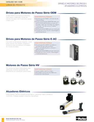 CONTROLADOR MULTIEIXO |
SISTEMA MULTIEIXO
CATÁLOGO 1001-10 BR
LINHA DE PRODUTO
Parker Hannifin Ind. Com. Ltda.
Divisão Automação | Jacareí, SP | Brasil
Controladores Multieixo Série ACR
A série de controladores ACR apresenta
a mais alta perfomance em controle do
movimento insuperável na geração de
trajetórias complexas como interpolação,
SPLINE e CAME eletrônico.
CARACTERÍSTICAS TÉCNICAS
• Controla até 16 eixos de motores de
passo ou servomotores;
• Interpolação linear, circular, senoidal,
helicoidal e elíptica, splines, Nurbs, arcos 3D;
• CAME eletrônico segmentado;
• Cálculo da malha do servo de 25 µseg/eixo;
• Ajuste em movimento de posição e
velocidade;
• Biblioteca de programação para
Visual Basic, Visual C++, C++.
Controladores Multieixo Série PowerPLmC
Integrando controle de processo e
movimento, o PowerPLmC é utilizado
em máquinas onde além de controle do
movimento há a necessidade de controle de
diversas entradas e saídas.
CARACTERÍSTICAS TÉCNICAS
• Controle de 32 eixos de servomotores
em CANopen;
• Duas versões: standalone ou integrado
ao drive;
• Comunicação: CANopen,
Ethernet 10/100, Profibus DP slave;
• Possibilidade de controle remoto da
máquina via modem.
Sistemas Multieixo de precisão
Muitas aplicações requerem uma integração multieixo com atuadores.
Devido ao seu design modular, as séries de atuadores elétricos Parker são
perfeitas para este tipo de aplicação.
Controladores de Eixo Série Único
O Parker Único é o controlado de eixo que
congrega funções de motion e robótica num
só produto, podendo ser programado em
linguagem de texto extruturado, Ladder,
C++ e Object block.
Sua ferramenta de programaçao RDE é
poderosa com funções de programação,
monitoraçao, configurção e simulaçao
num ambiente único.
CARACTERÍSTICAS TÉCNICAS
• Disponivel em 2,5,7,10 e 15 amperes;
• Alimentação 220 VAC trifásico ou
380 monofásico;
• Controle por torque/corrente/ velocidade;
• Controle avançado de limites de torque;
• Eixo elétrico e Came eletrônico;
• Mestre virtual;
• PLC interno (em acordo com IEC61131).
Controladores de Eixo Série Único
Sistemas Multieixo de precisão
2
 