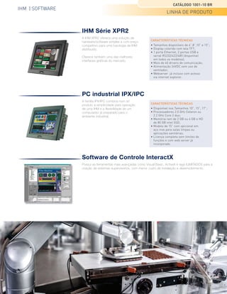 SERVOMOTORES E DRIVES |
REDUTORES PLANETÁRIOS
CATÁLOGO 1001-10 BR
LINHA DE PRODUTO
Parker Hannifin Ind. Com. Ltda.
Divisão Automação | Jacareí, SP | Brasil
CARACTERÍSTICAS TÉCNICAS
• Comunicação: CANopen, Profibus, DeviceNet e Ethernet Powerlink;
• Alimentação: 230 VCA ou 380 a 480 VCA;
• Funções avançadas de CAME eletrônico com software dedicadopara criação de curvas e PLS;
• 8 entradas e 4 saídas digitais de controle com expansão de até 128 pontos;
• 2 entradas e saídas analógicas;
• Software C3servomanager para parametrização (já incluso). Possui osciloscópio digital e
ferramentas de autotunning;
• Software CoDeSys®
para programação da lógica (já incluso) em linguagem IEC-61131.
Servomotores e Drives Série Compax3
A Série Compax3 possui drives inteligentes de até 232A pico com avançadas ferramentas
de controle do movimento.
Servomotores e Drives Série SLVD-N
A série de drives digitais SLVD oferece
alta performance em tamanho compacto.
Apresenta corrente nominal de 1,25 a
15A, alimentação 230VCA monofásica ou
trifásica.
O SLVD foi desenvolvido especialmente para
segmentos de mercado como packaging
e pickplace, onde altas acelerações e
desacelerações são os pontos críticos.
CARACTERÍSTICAS TÉCNICAS
• Realimentação por resolver ou encoder
incremental;
• Interface de rede: CANopen integrada ou
opcional DeviceNet, Profibus-DP;
• 4 entradas e 2 saídas digitais;
• 2 entradas e 1 saída analógica;
• Software MotionWiz (já incluso) com
interface para diagnóstico e editor de
programação de PLC;
• Funções de CAME eletrônico e Gear
(sincronismo de eixos).
Redutores Planetários Série PV
Ideais para aplicações com servomotores
onde alta precisão, capacidade de carga e
durabilidade são necessárias.
CARACTERÍSTICAS TÉCNICAS
• Disponível no padrão métrico com
flanges de 40, 60 e 90 mm ou NEMA 17,
23 e 34;
• Relações de transmissão variando entre
3:1 a 100:1;
• Velocidade máxima de entrada:
8000 RPM;
• 4 diferentes interfaces de saída.
Servomotores Séries SMH e MH
Os servomotores das Séries SMH e MH são
compactos, com alta performance e baixo
custo, ideais para serem utilizados com os
drives das Séries Aries e C3.
CARACTERÍSTICAS TÉCNICAS
• Torque estático de 0,2 a 90 Nm;
• Velocidade nominal de até 10500 rpm;
• Isentos de manutenção;
• Grau de proteção: IP65.
3
 