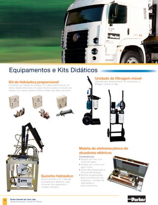 Parker Hannifin Ind. Com. Ltda.
Divisão Automação | Jacareí, SP | Brasil
A Parker Training atende
instituições de ensino em todo
o Brasil, como escolas técnicas
federais e estaduais, escolas
profissionalizantes, universidades
federais, estaduais e privadas,
laboratórios de escolas da rede
SENAI e setores de treinamento
dentro de indústrias.
MERCADOS
Nossos módulos didáticos são
montados com os melhores
produtos industriais.
Assim, o treinando passa por
experiências práticas em condições
reais de funcionamento e trabalho,
tornando-se apto a apresentar
soluções rápidas para as
necessidades encontradas
no dia a dia. Desta forma, a Parker
Training consolidou-se como a
Nossa missão é divulgar a marca
e a qualidade dos produtos Parker,
contribuindo para o crescimento
da educação.
PARKER
TRAINING
ESTRATÉGIA
melhor fornecedora de laboratórios
didáticos no mercado nacional,
com o melhor custo x benefício e
durabilidade.
Tudo isso é resultado da responsa-
bilidade e comprometimento que
a Parker Hannifin possui com o
desenvolvimento de seus produtos,
possibilitando que o aluno se depare
com a mais atualizada tecnologia
existente no mercado industrial.
Há mais de 40 anos treinando
profissionais em empresas, escolas
técnicas e universidades, a Parker
Training oferece treinamento técnico
especializado, desenvolvendo
material didático diversificado e
bem elaborado, com o intuito de
facilitar a compreensão e exercer
um papel importante na capacitação
dos profissionais de ontem, hoje e
amanhã.
Com instrutores altamente
qualificados, esse projeto é
pioneiro na área de treinamento
em automação industrial no Brasil
e colaborou para a formação
de mais de 40 mil pessoas, em
aproximadamente 4 mil empresas
através de cursos e materiais
reconhecidos pelo conteúdo técnico
e pela qualidade de ensino. Para
PARKER TRAINING 40 ANOS
PROJETANDO O FUTURO
alcançar tais números e continuar
a atender seus clientes de forma
cada vez melhor, com uma parceria
cada vez mais forte, os profissionais
da Parker Training se dedicam a
apresentar sempre novos conceitos
em cursos e materiais didáticos.
Ministramos cursos fechados
em nossas instalações e cursos
in company (em sua empresa), com
conteúdo e carga horária de acordo
com as necessidades do cliente,
empresa ou entidade de ensino.
Os cursos oferecidos abrangem as
áreas de Automação Pneumática/
Eletropneumática, Técnicas
de Comando Pneumático,
Dimensionamento de Redes
de Ar Comprimido e Hidráulica/
Eletrohidráulica Industrial.
A Parker Training marca
presença e constrói o
conhecimento
por onde passa.
12
 