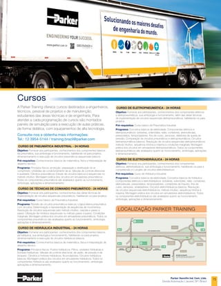 Parker Hannifin Ind. Com. Ltda.
Divisão Automação | Jacareí, SP | Brasil
Bancadas de treinamento de pneumática/eletropneumática,
hidráulica/eletrohidráulica e manipulador eletropneumático de
3 eixos:
Unidades projetadas para permitir o aprendizado da tecnologia de forma
fácil, simples e rápida.
Módulos didáticos pneumáticos/eletropneumáticos e
hidráulicos/eletrohidráulicos:
Várias opções de módulos como válvulas, cilindros, controladores, botões,
sensores e outros.
Bancada para treinamento de teste e manutenção de bombas:
Montagens e desmontagens rápidas de diferentes tipos
de bombas que acompanham a bancada.
Kits didáticos de eletromecânica:
Unidades projetadas para oferecer excelente aprendizado dos princípios
aplicados ao conceito de motores de passo e servomotores.
Kits de maletas didáticas:
Com componentes em corte (pneumáticos e hidráulicos), símbolos
magnéticos, sistemas de diagnósticos de pressão, vazão e temperatura.
Produtos
A Parker Training possui apostilas
didáticas  com conteúdo completo
e linguagem de fácil assimilação,
com recursos que tornam mais
prazerosa a leitura, facilitando a
compreensão e interpretação dos
componentes.
Entre em contato com a Parker
Training e solicite um orçamento
sem compromisso.
training.brazil@parker.com
Bancadas de Treinamento e Materiais
Didáticos de Apoio
LITERATURA
13
 