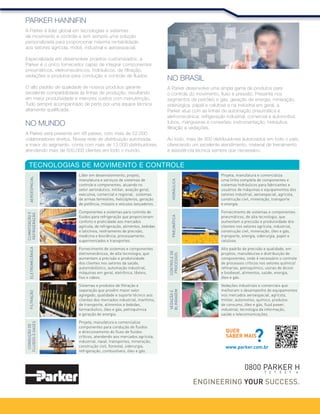 Parker Hannifin Ind. Com. Ltda.
Divisão Automação | Jacareí, SP | Brasil
A Parker Training oferece cursos destinados a engenheiros,
técnicos, pessoal de projetos e de manutenção,
estudantes das áreas técnicas e de engenharia. Para
atender a cada programação de cursos são montados
painéis de simulação para a execução de aulas práticas,
de forma didática, com equipamentos de alta tecnologia.
Consulte-nos e obtenha mais informações:
Tel.: 12 3954-5144 / training.brazil@parker.com
CURSO DE ELETROPNEUMÁTICA - 24 HORAS
Objetivo: Fornecer aos participantes, conhecimentos dos componentes elétricos
e eletropneumáticos, sua simbologia e funcionamento, além das várias técnicas
de implementação de circuitos sequenciais eletropneumáticos, habilitando-os para
projetos.
Pré-requisitos: Curso básico de Pneumática Industrial.
Programa: Conceitos básicos de eletricidade; Componentes elétricos e
eletropneumáticos: botoeiras, solenóides, relés, contatores, eletroválvulas,
pressostatos, temporizadores, fins-de-curso, sensores, detetores de queda de
pressão; Comparação de circuitos pneumáticos e eletropneumáticos; Circuitos
eletropneumáticos básicos; Resolução de circuitos sequenciais eletropneumáticos:
método intuitivo, sequência mínima e máxima e condições marginais; Montagem
prática dos circuitos em simuladores eletropneumáticos; Todos os componentes
eletropneumáticos são analisados quanto ao funcionamento, simbologia, aplicações
e dimensionamento.
CURSO DE PNEUMÁTICA INDUSTRIAL - 24 HORAS
Objetivo: Fornecer aos participantes, conhecimentos dos componentes básicos
da pneumática, sua simbologia e funcionamento, habilitando-os para projetos,
dimensionamento e execução de circuitos pneumáticos sequenciais básicos.
Pré-requisitos: Conhecimentos básicos de matemática, física e interpretação de
desenho técnico.
Programa: Princípios físicos, produção, preparação e distribuição do ar
comprimido; Unidades de condicionamento de ar; Válvulas de controle direcional
e auxiliares; Cilindros pneumáticos; Estudo de circuitos básicos e sequenciais no
método intuitivo; Montagem prática dos circuitos em simuladores pneumáticos;
Todos os componentes pneumáticos são analisados quanto ao funcionamento,
simbologia, aplicações e dimensionamento.
CURSO DE TÉCNICAS DE COMANDO PNEUMÁTICO - 24 HORAS
Objetivo: Fornecer aos participantes, conhecimentos das várias técnicas de
implementação de circuitos sequenciais pneumáticos, habilitando-os para projetos.
Pré-requisitos: Curso básico de Pneumática Industrial.
Programa: Revisão de circuitos pneumáticos básicos; Lógica básica pneumática
com circuitos; Determinação e representação de sequências de movimentos;
Resolução de circuitos sequenciais pelo método intuitivo, cascata e passo a
passo; Utilização de módulos sequenciais no método passo a passo; Condições
marginais; Montagem prática dos circuitos em simuladores pneumáticos; Todos os
componentes pneumáticos são analisados quanto ao funcionamento, simbologia,
aplicações e dimensionamento.
CURSO DE HIDRÁULICA INDUSTRIAL - 24 HORAS
Objetivo: Fornecer aos participantes, conhecimentos dos componentes básicos
da hidráulica, sua simbologia e funcionamento, habilitando-os para projetos,
dimensionamento e execução de circuitos hidráulicos básicos.
Pré-requisitos: Conhecimentos básicos de matemática, física e interpretação de
desenho técnico.
Programa: Princípios físicos; Fluidos hidráulicos; Filtros, unidades hidráulicas e
bombas hidráulicas; Válvulas de controle direcional, de vazão, de pressão e de
bloqueio; Cilindros e motores hidráulicos; Acumuladores; Circuitos hidráulicos
básicos; Montagem prática dos circuitos em simuladores hidráulicos; Todos os
componentes hidráulicos são analisados quanto ao funcionamento, simbologia,
aplicações e dimensionamento.
CURSO DE ELETROHIDRÁULICA - 24 HORAS
Objetivo: Fornecer aos participantes, conhecimentos dos componentes
elétricos, eletrohidráulicos, sua simbologia e funcionamento, habilitando-os para a
compreensão e o projeto de circuitos eletrohidráulicos.
Pré-requisitos: Curso de Hidráulica Industrial.
Programa: Conceitos básicos de eletricidade; Conceitos básicos de hidráulica;
Componentes elétricos e eletrohidráulicos: botoeiras, solenóides, relés, contatores,
eletroválvulas, pressostatos, temporizadores, contadores de impulso, fins-de-
curso, sensores, sinalizadores; Circuitos eletrohidráulicos básicos; Resolução
de circuitos sequenciais eletrohidráulicos: método intuitivo, sequência mínima e
máxima; Montagem prática dos circuitos em simuladores eletrohidráulicos; Todos
os componentes eletrohidráulicos são analisados quanto ao funcionamento,
simbologia, aplicações e dimensionamento.
Cursos
LOCALIZAÇÃO PARKER TRAINING
SP
SP
RJ
RJ
ROD. PRESIDENTE DUTRA
CEAGESP
AMPLIMATIC
ERICSSON
NÚCLEO
DO PARQUE
TECNOLÓGICO
EUGÊNIO
DE MELLO
SAÍDA KM 136
DIVISÃO FILTRAÇÃO
ESTRADA MUNICIPAL JOEL DE PAULA 900
12247-015, SÃO JOSÉ DOS CAMPOS - SP
POLÍCIA
AEROPORTO
DE CUMBICA
1º XX 2º XX
RODOVIA
AYRTON SENA
RODOVIA
CARVALHO PINTO
15
 