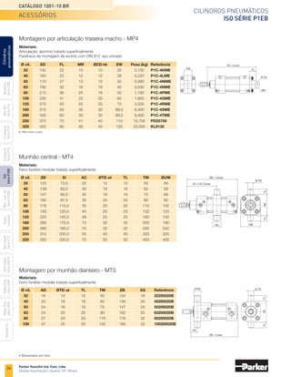 34
Cilindros pneumáticos
ISO Série P1EB
Catálogo 1001-10 BR
Parker Hannifin Ind. Com. Ltda.
Divisão Automação | Jacareí, SP | Brasil
Miniatura
Série
3300
Mini
ISO
Série
P1A
Compacto
Série
P1P
Compacto
Série
P1Q
ISO
Série
P1EB
Cilindros
pneumáticos
Mon.
com
Vál.
Série
P1EBV
Guias
Lineares
Sem
Haste
Série
P1Z
Sem
Haste
Série
OSP-P
Heavy
Duty
Série
3400
Acessórios
Heavy
Duty
Série
3520
MR
Ø CD
FL
XD + Curso
EW
Não inclui o pino.
ZB + Curso
XI + 1/2 Curso
AC UW
Ø TD
TL
TL
TM
Munhão central - MT4
	 Ø cil.	 XD	 FL	 MR	 ØCD H9	 EW	 Peso (kg)	 Referência
	 32	
142	
22	10	10	26	
0,150	
P1C-4KME
	 40	
160	
25	12	12	28	
0,220	
P1C-4LME
	 50	
170	
27	13	12	32	
0,390	
P1C-4MME
	 63	
190	
32	16	16	40	
0,530	
P1C-4NME
	 80	
210	
36	20	16	50	
1,190	
P1C-4PME
	 100	
230	
41	22	20	60	
1,800	
P1C-4QME
	 125	
275	
50	25	25	70	
3,535	
P1C-4RME
	 160	 315	 55	 30	 30	 89,5	6,400	 P1C-4SME
	200	 335	 60	 30	 30	 89,5	8,400	 P1C-4TME
	 250	 375	70	 41	 40	110	
15,700	 PD25759
	320	 420	80	 46	 45	120	
33,000	 KL9135
	 Ø cil.	 ZB	 XI	 AC	 ØTD e9	TL	 TM	 ØUW
	 32	 120	
73,0	
22	12	12	50	46
	 40	
139	
82,5	
30	16	16	63	58
	 50	
147	
90,0	
30	16	16	75	68
	 63	
162	
97,5	
35	20	20	90	82
	 80	178	 110,0	 35	 20	 20	 110	 102
	100	193	 120,0	 40	 25	 25	 132	 123
	125	225	 145,0	 48	 25	 25	 160	 150
	 160	 265	170,0	70	 32	 32	 200	 190
	 200	 280	185,0	70	 32	 32	 250	 242
	 250	315	 205,0	 55	 40	 40	 320	 320
	320	350	 230,0	 70	 50	 50	 400	 400
acessórios
	 Ø cil.	 AD	 ØTD e9	 TL	 TM	 ZB	 XG	Referência
	 32	 16	 12	 12	50	124	18	 32200020B
	40	 20	 16	 16	63	139	20	 40200020B
	 50	 24	 16	 16	75	147	25	 50200020B
	 63	 24	 20	 20	90	162	25	 63200020B
	 80	 27	 20	 20	110	178	 32	 80200020B
	100	 37	 25	 25	132	193	 32	 100200020B
Montagem por munhão dianteiro - MT5
ZB + Curso
XG
Ø AD Ø TD
TL
TL
TM
Montagem por articulação traseira macho - MP4
Materiais:
Articulação: alumínio tratado superficialmente
Parafusos de montagem de acordo com DIN 912: aço zincado
Materiais:
Ferro fundido modular tratado superficialmente
Materiais:
Ferro fundido modular tratado superficialmente
• Dimensões em mm.
 