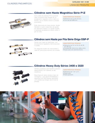 CILINDROS PNEUMÁTICOS
CATÁLOGO 1001-10 BR
LINHA DE PRODUTO
Parker Hannifin Ind. Com. Ltda.
Divisão Automação | Jacareí, SP | Brasil
Cilindros sem Haste por Fita Série Origa OSP-P
Cilindro sem haste de dupla ação, com
amortecimento regulável e imã incorporado
no pistão.
Os cabeçotes podem ser rotacionadas a
cada 90° para posicionamento da conexão.
CARACTERÍSTICAS TÉCNICAS
• Diâmetros de 10, 16, 25, 32, 40, 50,
63 e 80 mm;
• Conexão M5, G1/8, G1/4, G3/8 e G1/2;
• Dupla ação com amortecimento.
Cilindros sem Haste Magnética Série P1Z
Com a Série de cilindros P1Z é possível
obter movimento linear através de um
acoplamento magnético entre o carro e o
êmbolo, que se desloca devido a pressão
pneumática.
Estão disponíveis em duas versões: Versão
Standard, a qual a carga deve ser guiada
por dispositivo externo, e a Versão Guiada,
a qual guias acopladas ao cilindro evitam o
giro do carro.
CARACTERÍSTICAS TÉCNICAS
• Diâmetros de 16, 20 e 32 mm;
• Curso de até 2000 mm.
Cilindros Heavy Duty Séries 3400 e 3520
Cilindros projetados para trabalhos pesados,
desenvolvidos com materiais de alta
resistência.
Disponíveis em várias versões e tipos de
montagens, o que garante flexibilidade e
segurança nas mais diversas aplicações
com versões que atingem até 20 bar de
pressão.
CARACTERÍSTICAS TÉCNICAS
• Diâmetros de 1 1/2” a 12”;
• Dupla ação;
• Haste passante.
 