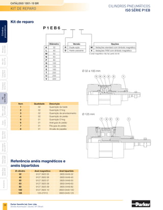 38
Cilindros pneumáticos
ISO Série P1EB
Catálogo 1001-10 BR
Parker Hannifin Ind. Com. Ltda.
Divisão Automação | Jacareí, SP | Brasil
Miniatura
Série
3300
Mini
ISO
Série
P1A
Compacto
Série
P1P
Compacto
Série
P1Q
ISO
Série
P1EB
Cilindros
pneumáticos
Mon.
com
Vál.
Série
P1EBV
Guias
Lineares
Sem
Haste
Série
P1Z
Sem
Haste
Série
OSP-P
Heavy
Duty
Série
3400
Acessórios
Heavy
Duty
Série
3520
Ø 32 a 100 mm
Ø 125 mm
Kit de reparo
P 1 E B 6
	 K	 32
	 L	 40
	 M	 50
	 N	 63
	 P	 80
	 Q	 100
	R	 125
	S	160
	T	200
	U	250
	V	320
Diâmetro Versão
	 R	 Dupla ação
	D	 Haste passante
Opções
	 Ø cilindro	 Anel magnético	 Anel bipartido
	 32	 9127 3925 05	 3800-0449-32
	 40	 9127 3925 06	 3800-0449-40
	 50	 9127 3925 07	 3800-0449-50
	 63	 9127 3925 08	 3800-0449-63
	 80	 9127 3925 09	 3800-0449-80
	 100	 9127 3925 10	 3800-0449-100
	 125	 125-27013	3800-0449-125
O anel magnético não faz parte do kit.
Referência anéis magnéticos e
anéis bipartidos
	 Item	 Quatidade	Descrição
	 1	 02	 Guarnição da haste
	 2	 02	 Guarnição O'ring
	 3	 02	 Guarnição de amortecimento
	 4	 02	 Guarnição do pistão
	 5	 01	 Guarnição O'ring
	6	 01	 Anel guia do pistão
	 7	 01	 Fita guia do pistão
	 8	 01	 Arruela de papelão
	M	 Vedações standard com êmbolo magnético
	V	 Vedações FKM com êmbolo magnético
1
2
4
5 6 3
1
2
4
7 3
kit de reparo
 