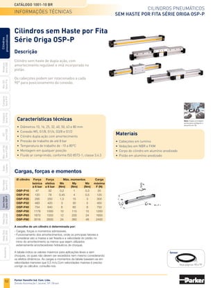 52
Cilindros pneumáticos
Sem haste por fita Série Origa OSP-P
Catálogo 1001-10 BR
Parker Hannifin Ind. Com. Ltda.
Divisão Automação | Jacareí, SP | Brasil
Miniatura
Série
3300
Mini
ISO
Série
P1A
Compacto
Série
P1P
Compacto
Série
P1Q
ISO
Série
P1EB
Cilindros
pneumáticos
Mon.
com
Vál.
Série
P1EBV
Guias
Lineares
Sem
Haste
Série
P1Z
Sem
Haste
Série
OSP-P
Heavy
Duty
Série
3400
Acessórios
Heavy
Duty
Série
3520
Cargas, forças e momentos
	 Ø cilindro	 Força	 Força		Máx. momentos		 Carga
		 teórica	 efetiva	 Mx	 My	 Mz	 máxima
		 a 6 bar	 a 6 bar	 (Nm)	 (Nm)	 (Nm)	 F (N)
	OSP-P10	 47	 32	0,2	 1	 0,3	20
	 OSP-P16	
120	 78	0,45	 4	 0,5	120
	OSP-P25	295	 250	 1,5	 15	 3	 300
	OSP-P32	
483	
420	3	 30	 5	450
	OSP-P40	
754	
640	6	 60	 8	750
	OSP-P50	
1178	
1000	10	 115	 15	1200
	OSP-P63	
1870	
1550	12	 200	 24	1650
	OSP-P80	
3016	
2600	24	 360	 48	2400
A escolha de um cilindro é determinada por:
-	Cargas, forças e momentos admissíveis.
-	Funcionamento dos amortecimentos, onde os principais fatores a
	 considerar são a massa a ser freada e a velocidade do pistão no
	 início do amortecimento (a menos que sejam utilizados
	 externamente amortecedores hidráulicos de choque).
A tabela indica os valores máximos para aplicações leves e sem
choques, os quais não devem ser excedidos nem mesmo considerando
os efeitos dinâmicos. As cargas e momentos da tabela baseiam-se em
velocidades menores que 0,5 m/s.Com velocidades maiores é preciso
corrigir os cálculos: consulte-nos.
Informações técnicas
Cilindros sem Haste por Fita
Série Origa OSP-P
Descrição
Cilindro sem haste de dupla ação, com
amortecimento regulável e imã incorporado no
pistão.
Os cabeçotes podem ser rotacionados a cada
90° para posicionamento da conexão.
Características técnicas
•	 Diâmetros 10, 16, 25, 32, 40, 50, 63 e 80 mm
•	 Conexão M5, G1/8, G1/4, G3/8 e G1/2
•	 Cilindro dupla ação com amortecimento
•	 Pressão de trabalho de até 8 bar
•	 Temperatura de trabalho de -10 a 80°C
•	 Montagem em qualquer posição
•	 Fluido ar comprimido, conforme ISO 8573-1; classe 3.4.3
Sensor
Veja páginas 98 e 99
Materiais
•	 Cabeçotes em lumínio
•	 Vedações em NBR e FKM
•	 Corpo do cilindro em alumínio anodizado
•	 Pistão em alumínio anodizado
Nota: Clique na imagem
acima para configurar o
desenho em 3D.
 