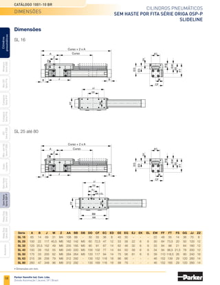 58
Cilindros pneumáticos
Sem haste por fita Série Origa OSP-P
Slideline
Catálogo 1001-10 BR
Parker Hannifin Ind. Com. Ltda.
Divisão Automação | Jacareí, SP | Brasil
Miniatura
Série
3300
Mini
ISO
Série
P1A
Compacto
Série
P1P
Compacto
Série
P1Q
ISO
Série
P1EB
Cilindros
pneumáticos
Mon.
com
Vál.
Série
P1EBV
Guias
Lineares
Sem
Haste
Série
P1Z
Sem
Haste
Série
OSP-P
Heavy
Duty
Série
3400
Acessórios
Heavy
Duty
Série
3520
Dimensões
SL 16
SL 25 até 80
	 Série	 A	 B	 J	 M	 Z	 AA	BB	DB	DD	CF	EC	ED	 EE	EG	EJ	EK	 EL	EW	FF	 FT	 FS	GG	JJ	ZZ
	 SL 16	 65	14	69	31	M4	
106	
88	 -	 30	55	36	 8	 40	30	 -	 -	 -	 22	48	55	14	36	70	 8
	 SL 25	 100	 22	117	
40,5	M6	162	142	M5	 60	72,5	47	 12	 53	 39	 22	 6	 6	 30	 64	73,5	20	 50	120	12
	 SL 32	125	
25,5	
152	
49	M6	
205	
185	
M5	80	91	67	14	62	48	32	 6	 6	 33	84	88	21	64	
160	
12
	 SL 40	 150	28	152	55	M6	240	
220	M5	100	
102	77	 14	 64	 50	 58	 6	 6	 34	 94	98,5	
21,5	78	200	12
	 SL 50	 175	33	200	62	M6	284	
264	M5	120	
117	94	 14	 75	 56	 81	 6	 6	 39	110	
118,5	
26	 90	240	16
	 SL 63	 215	 38	 256	 79	 M8	 312	292	 -	 130	152	116	 18	 86	 66	 -	 -	 -	 46	 152	139	 29	 120	260	 14
	 SL 80	 260	 47	 348	 96	 M8	 312	292	 -	 130	169	116	 18	 99	 79	 -	 -	 -	 46	 152	165	 29	 120	260	 14
Curso
Curso + 2 x A
Curso
Curso + 2 x A
dimensões
• Dimensões em mm.
 