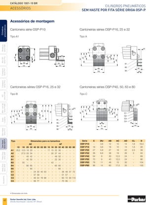 62
Cilindros pneumáticos
Sem haste por fita Série Origa OSP-P
Catálogo 1001-10 BR
Parker Hannifin Ind. Com. Ltda.
Divisão Automação | Jacareí, SP | Brasil
Miniatura
Série
3300
Mini
ISO
Série
P1A
Compacto
Série
P1P
Compacto
Série
P1Q
ISO
Série
P1EB
Cilindros
pneumáticos
Mon.
com
Vál.
Série
P1EBV
Guias
Lineares
Sem
Haste
Série
P1Z
Sem
Haste
Série
OSP-P
Heavy
Duty
Série
3400
Acessórios
Heavy
Duty
Série
3520
Acessórios de montagem
Cantoneira série OSP-P10
Tipo A1
Cantoneiras séries OSP-P16, 25 e 32
Tipo A
Cantoneiras séries OSP-P40, 50, 63 e 80
Tipo C
Cantoneiras séries OSP-P16, 25 e 32
Tipo B
	Tipo			 Dimensões para os tamanhos
					 AE								 AF
		 10	 16	 25	32	40	50	63	80	10	16	25	32	40	50	63	80
	A1	 20,2	12,5	18	20	 -	 -	 -	 -	 11	15	22	30	 -	 -	 -	 -
	A2	 -	27,5	
33	
34	
-	-	-	-	-	
30	
37	
44	
-	-	-	-
	A3	 -	 -	45	
42	
-	-	-	-	-	-	
49	
52	
-	-	-	-
	B1	 -	 -	42	
55	
-	-	-	-	-	-	
22	
30	
-	-	-	-
	B3	 -	 55	-	-	-	-	-	-	-	
42	
-	-	-	-	-	-
	B4	 -	 -	80	
85	
-	-	-	-	-	-	
60	
60	
-	-	-	-
	B5	 -	 -	 -	
90	
-	-	-	-	-	-	-	
65	
-	-	-	-
	C1	 -	 -	 -	 -	 24	30	40	50	 -	 -	 -	 -	 38	48	57	72
	C2	 -	 -	 -	-	
37	
39	
-	-	-	-	-	-	
51	
57	
-	-
	C3	 -	 -	 -	-	
46	
54	
76	
88	
-	-	-	-	
60	
72	
93	
110
	C4	 -	 -	 -	-	
56	
77	
-	-	-	-	-	-	
70	
95	
-	-
	Série	 E	 ØU	 AB	 AC	 AD	 CL	 D
	OSP-P10	 -	 3,6	 12	 10	 14	 1,6	18,4
	OSP-P16	 18	3,6	 18	10	 14	1,6	26
	OSP-P25	 27	5,8	 27	16	 22	2,5	39
	OSP-P32	 36	6,6	 36	18	 26	 3	 50
	OSP-P40	 54	 9	 30	12,5	24	 -	 68
	OSP-P50	 70	 9	 40	12,5	24	 -	 86
	OSP-P63	 78	11	 48	15	30	 -	 104
	OSP-P80	 96	 14	 60	17,5	35	 -	 130
acessórios
• Dimensões em mm.
 