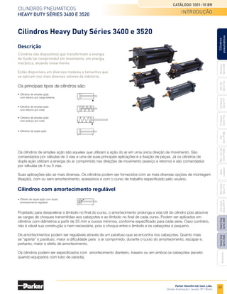 65
Cilindros pneumáticos
Heavy Duty Séries 3400 e 3520
Catálogo 1001-10 BR
Parker Hannifin Ind. Com. Ltda.
Divisão Automação | Jacareí, SP | Brasil
Miniatura
Série
3300
Mini
ISO
Série
P1A
Compacto
Série
P1P
Compacto
Série
P1Q
ISO
Série
P1EB
Cilindros
pneumáticos
Mon.
com
Vál.
Série
P1EBV
Guias
Lineares
Sem
Haste
Série
P1Z
Sem
Haste
Série
OSP-P
Heavy
Duty
Série
3400
Acessórios
Heavy
Duty
Série
3520
Cilindros são dispositivos que transformam a energia
do fluido (ar comprimido) em movimento, em energia
mecânica, atuando linearmente.
Estão disponíveis em diversos modelos e tamanhos que
se aplicam nos mais diversos setores da indústria.
Os principais tipos de cilindros são:
Os cilindros de simples ação são aqueles que utilizam a ação do ar em uma única direção de movimento. São
comandados por válvulas de 3 vias e uma de suas principais aplicações é a fixação de peças. Já os cilindros de
dupla ação utilizam a energia do ar comprimido nas direções de movimento (avanço e retorno) e são comandados
por válvulas de 4 ou 5 vias.
Suas aplicações são as mais diversas. Os cilindros podem ser fornecidos com as mais diversas opções de montagem
(fixação), com ou sem amortecimento, acessórios e com o curso de trabalho especificado pelo usuário.
Cilindros com amortecimento regulável
•	Cilindros de simples ação
	 com retorno por carga externa
•	Cilindros de simples ação
	 com retorno por mola
•	Cilindros de dupla ação
•	Cilindros de simples ação
	 com avanço por mola
Cilindros Heavy Duty Séries 3400 e 3520
Descrição
•	Cilindro de dupla ação com duplo
	 amortecimento regulável
introdução
Projetado para desacelerar o êmbolo no final do curso, o amortecimento prolonga a vida útil do cilindro pois absorve
as cargas de choques transmitidas aos cabeçotes e ao êmbolo no final de cada curso. Podem ser aplicados em
cilindros com diâmetros a partir de 25 mm e cursos mínimos, conforme especificado para cada série. Caso contrário,
não é viável sua construção e nem necessária, pois o choque entre o êmbolo e os cabeçotes é pequeno.
Os amortecimentos podem ser reguláveis através de um parafuso que se encontra nos cabeçotes. Quanto mais
se "aperta" o parafuso, maior a dificuldade para o ar comprimido, durante o curso do amortecimento, escapar e,
portanto, maior o efeito de amortecimento.
Os cilindros podem ser especificados com amortecimento dianteiro, traseiro ou em ambos os cabeçotes (exceto
quando equipados com tubo de parada).
 