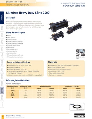 72
Cilindros pneumáticos
Heavy Duty Série 3400
Catálogo 1001-10 BR
Parker Hannifin Ind. Com. Ltda.
Divisão Automação | Jacareí, SP | Brasil
Miniatura
Série
3300
Mini
ISO
Série
P1A
Compacto
Série
P1P
Compacto
Série
P1Q
ISO
Série
P1EB
Cilindros
pneumáticos
Mon.
com
Vál.
Série
P1EBV
Guias
Lineares
Sem
Haste
Série
P1Z
Sem
Haste
Série
OSP-P
Heavy
Duty
Série
3400
Acessórios
Heavy
Duty
Série
3520
Informações adicionais
Forças teóricas (N)
	 1 1/2"	 5/8"	 1140,09	 942,16	 684,06	 565,30
	 2"	 1"	 2026,83	 1520,12	 1216,10	 912,07
	 2 1/2"	 1"	 3166,92	
2660,21	1900,15	1596,13
	 3 1/4"	 1 1/4"	 5352,10	 4560,37	 3111,26	 2736,22
	 4"	 1 3/4"	 8107,32	 6555,53	 4864,39	 3933,32
Área efetiva (mm2
)
Avanço Retorno
Diâmetro da haste
(pol.)
Diâmetro do cilindro
(pol.) Avanço Retorno
Força teórica a 6 bar (N)
Cilindros Heavy Duty Série 3400
Descrição
A série 3400 foi projetada para trabalhos e aplicações
extremas, construído com materiais de alta resistência
mecânica, a série 3400 esta disponível com diversos tipos
de montagens que garantem maior versatilidade nas
mais diversas aplicações.
•	 Diâmetros 1 1/2", 2", 2 1/2", 3 1/4" e 4"
•	 Cilindro dupla ação
•	 Pressão de trabalho até 17 bar
•	 Temperatura de trabalho de -10°C a +80°C (NBR) e 		
	 -10°C a +180°C (FKM)
•	 Fluido ar comprimido, conforme ISO 8573-1; classe 3.4.3
•	 Haste em aço SAE 1045 cromado e aço inoxidável
•	 Mancal da haste em latão
•	 Cabeçotes em ferro fundido nodular
•	 Vedações em NBR e FKM
•	 Tubo do cilindro em latão
•	 Sanfona em neoprene
Sensor
Veja página 100
Características técnicas Materiais
Tipos de montagens
• Básico
• Furos laterais
• Orelhas laterais
• Flange retangular dianteira
• Flange retangular traseira
• Extensão dos tirantes
• Cantoneiras
• Munhão dianteiro
• Munhão traseiro
• Munhão central
• Articulação traseira fêmea
• Articulação traseira macho
informações técnicas
Nota: Para desenho em
3D desta série, consultar
a fábrica.
 