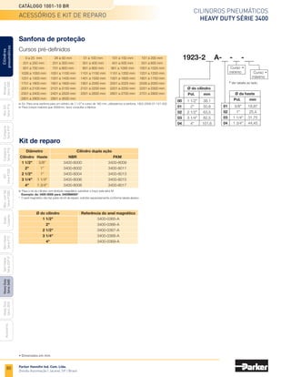 80
Cilindros pneumáticos
Heavy Duty Série 3400
Catálogo 1001-10 BR
Parker Hannifin Ind. Com. Ltda.
Divisão Automação | Jacareí, SP | Brasil
Miniatura
Série
3300
Mini
ISO
Série
P1A
Compacto
Série
P1P
Compacto
Série
P1Q
ISO
Série
P1EB
Cilindros
pneumáticos
Mon.
com
Vál.
Série
P1EBV
Guias
Lineares
Sem
Haste
Série
P1Z
Sem
Haste
Série
OSP-P
Heavy
Duty
Série
3400
Acessórios
Heavy
Duty
Série
3520
Sanfona de proteção
Kit de reparo
	Cilindro	 Haste	 NBR	 FKM
	 1 1/2"	 5/8"	 3400-8000	 3400-8009
	 2"	 1"	 3400-8002	 3400-8011
	 2 1/2"	 1"	 3400-8004	 3400-8013
	 3 1/4"	 1 1/4"	 3400-8006	 3400-8015
	4"	 1 3/4"	 3400-8008	 3400-8017
Cilindro dupla ação
Diâmetro
Para o kit do cilindro com êmbolo magnético substituir o traço pela letra M.
	 Exemplo: de: 3400-8000 para: 3400M8000*
*	 O anel magnético não faz parte do kit de reparo, solicitar separadamente conforme tabela abaixo:
	 Ø do cilindro	 Referência do anel magnético
	 1 1/2"	 3400-0365-A
	2"	 3400-0366-A
	 2 1/2"	 3400-0367-A
	 3 1/4"	 3400-0368-A
	4"	 3400-0369-A
Cursos pré-definidos
	 0 a 25 mm	 26 a 50 mm	 51 a 100 mm	 101 a 150 mm	 151 a 200 mm
	 201 a 250 mm	 251 a 300 mm	 301 a 400 mm	 401 a 500 mm	 501 a 600 mm
	 601 a 700 mm	 701 a 800 mm	 801 a 900 mm	 901 a 1000 mm	 1001 a 1025 mm
	 1026 a 1050 mm	 1051 a 1100 mm	 1101 a 1150 mm	 1151 a 1200 mm	 1201 a 1250 mm
	 1251 a 1300 mm	 1301 a 1400 mm	 1401 a 1500 mm	 1501 a 1600 mm	 1601 a 1700 mm
	 1701 a 1800 mm	 1801 a 1900 mm	 1901 a 2000 mm	 2001 a 2025 mm	 2026 a 2050 mm
	 2051 a 2100 mm	 2101 a 2150 mm	 2151 a 2200 mm	 2201 a 2250 mm	 2251 a 2300 mm
	 2301 a 2400 mm	 2401 a 2500 mm	 2501 a 2600 mm	 2601 a 2700 mm	 2701 a 2800 mm
	 2801 a 2900 mm	 2901 a 3000 mm	
Ex: Para uma sanfona para um cilindro de 1 1/2" e curso de 180 mm, utilizaremos a sanfona: 1923-200A-01-151-200
Para cursos maiores que 3000mm, favor consultar a fábrica.
Pol. mm
Ø do cilindro
	00	 1 1/2"	 38,1
	 01	 2"	 50,8
	 02	 2 1/2"	 63,5
	 03	 3 1/4"	 82,5
	04	 4"	101,6
Pol. mm
Ø da haste
	01	 5/8"	 18,87
	 02	1"	25,4
	 03	 1 1/4"	 31,75
	04	 1 3/4"	 44,45
Curso
mínimo Curso
máximo
* Ver tabela ao lado.
1923-2	 A-	 -	 -
*
*
acessórios e kit de reparo
• Dimensões em mm.
 