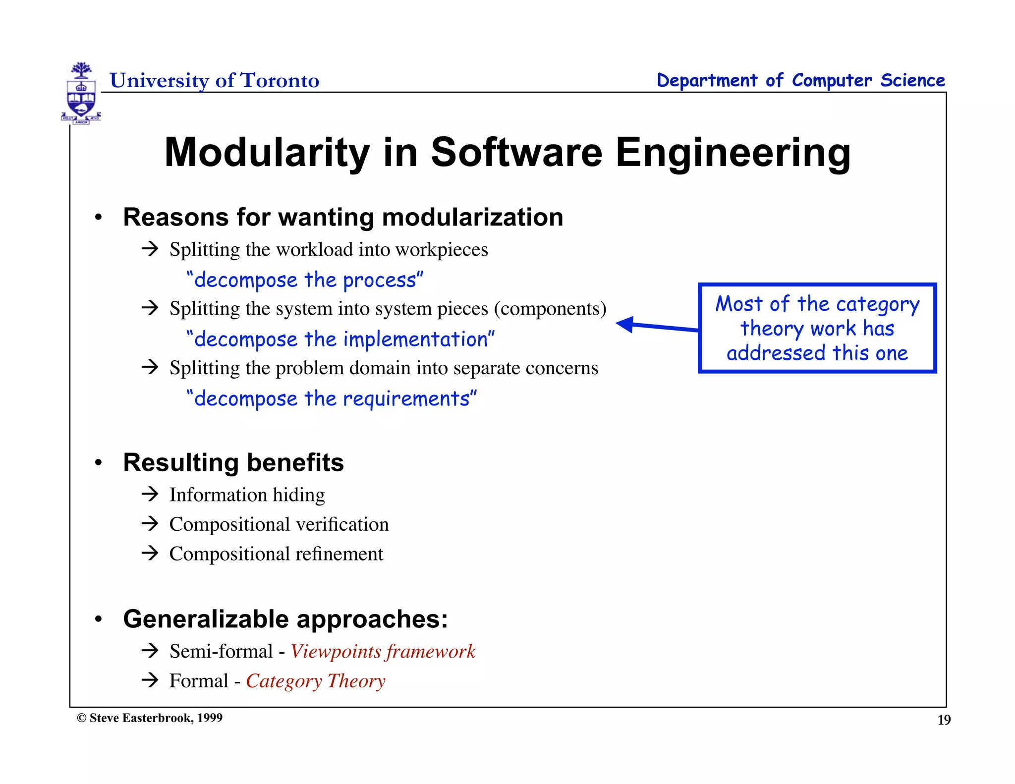 University of Toronto                                         Department of Computer Science



              Modularity in Software Engineering
  • Reasons for wanting modularization
           Splitting the workload into workpieces
              “decompose the process”
           Splitting the system into system pieces (components)         Most of the category
                                                                           theory work has
              “decompose the implementation”
                                                                          addressed this one
           Splitting the problem domain into separate concerns
                  “decompose the requirements”


  • Resulting benefits
           Information hiding
           Compositional veriﬁcation
           Compositional reﬁnement


  • Generalizable approaches:
           Semi-formal - Viewpoints framework
           Formal - Category Theory
© Steve Easterbrook, 1999                                                                       19
 