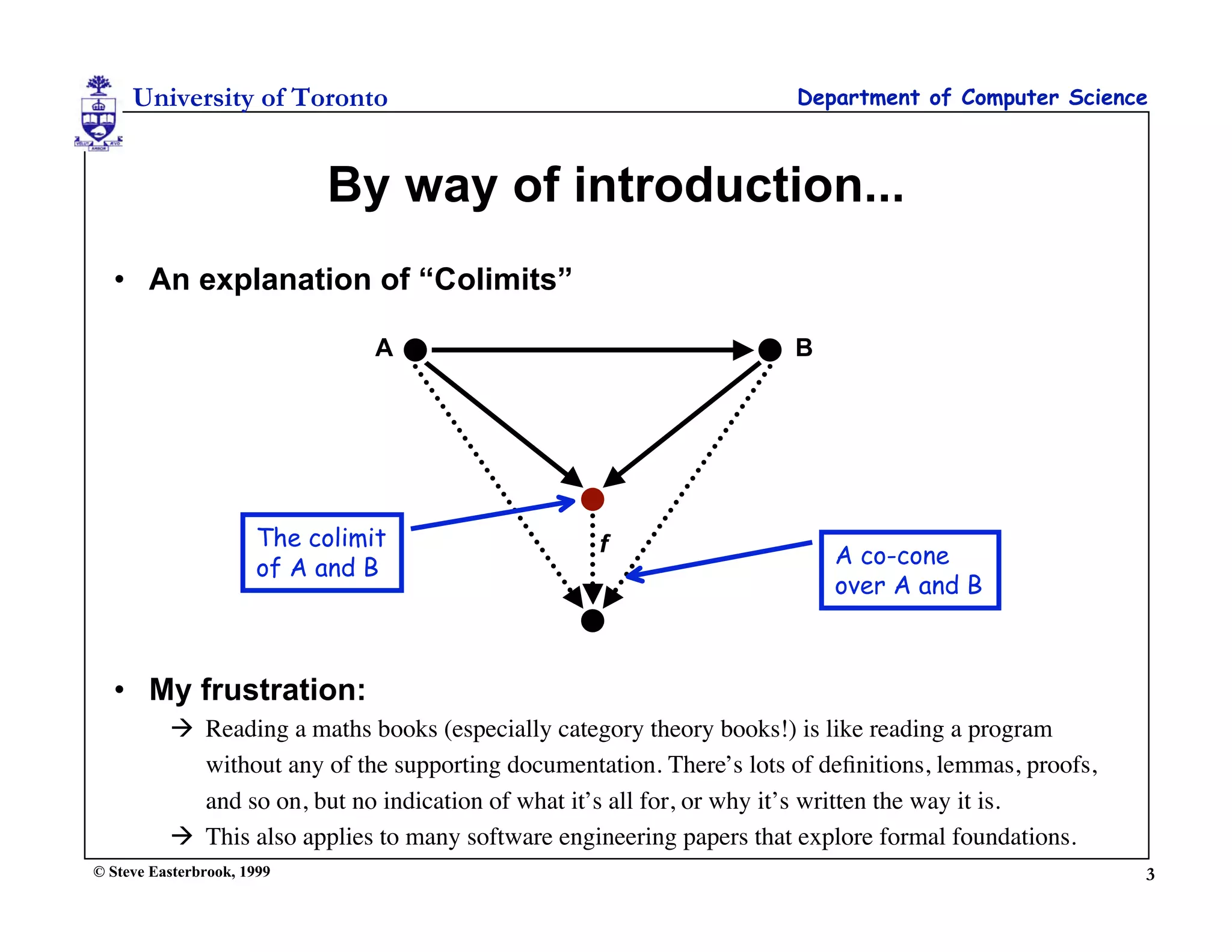 University of Toronto                                            Department of Computer Science



                            By way of introduction...
  • An explanation of “Colimits”

                                A                                     B




                      The colimit                  f
                      of A and B                                          A co-cone
                                                                          over A and B



  • My frustration:
           Reading a maths books (especially category theory books!) is like reading a program
            without any of the supporting documentation. There’s lots of deﬁnitions, lemmas, proofs,
            and so on, but no indication of what it’s all for, or why it’s written the way it is.
           This also applies to many software engineering papers that explore formal foundations.
© Steve Easterbrook, 1999                                                                              3
 