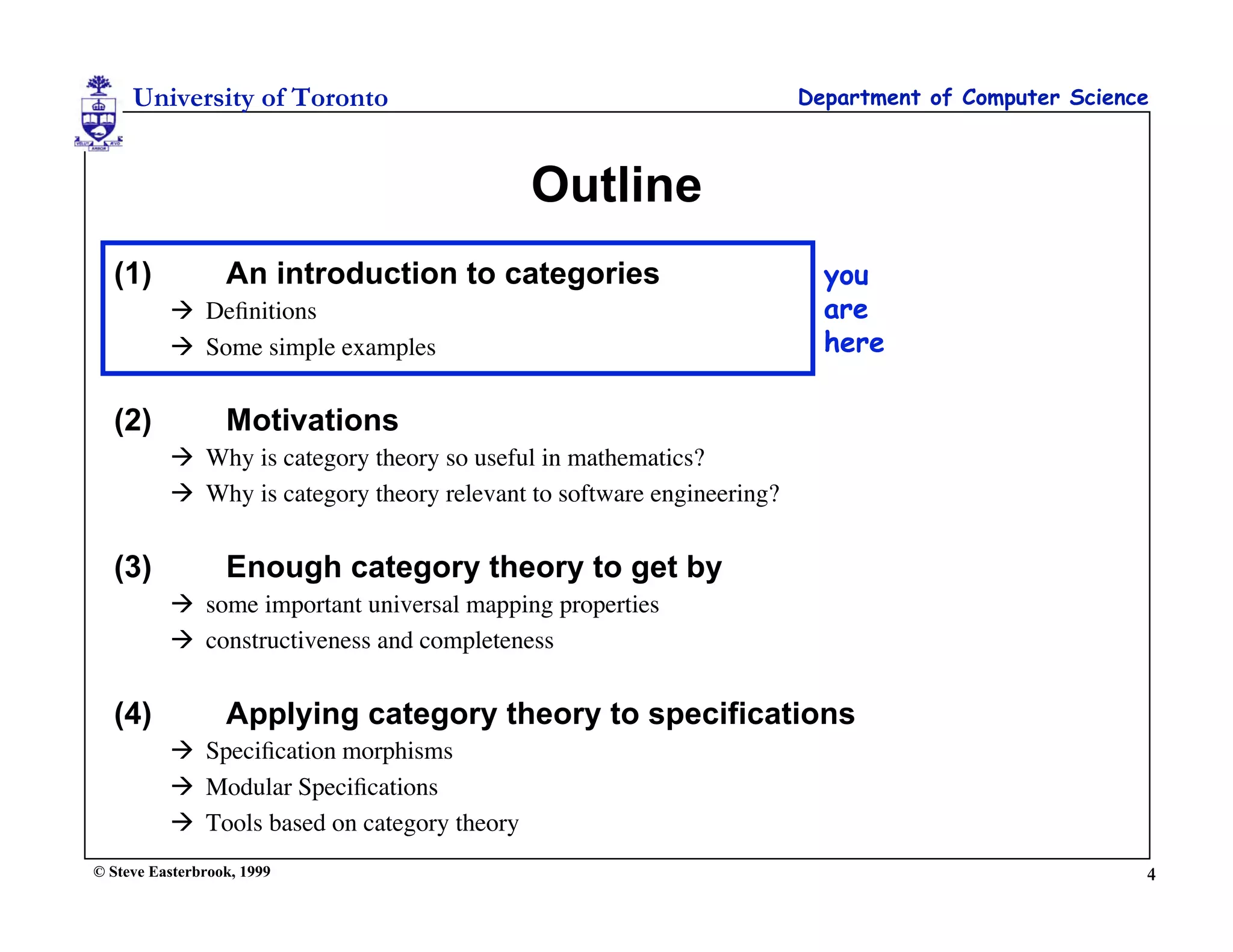 University of Toronto                                             Department of Computer Science



                                             Outline
  (1)             An introduction to categories                          you
           Deﬁnitions                                                   are
           Some simple examples                                         here

  (2)             Motivations
           Why is category theory so useful in mathematics?
           Why is category theory relevant to software engineering?


  (3)             Enough category theory to get by
           some important universal mapping properties
           constructiveness and completeness


  (4)             Applying category theory to specifications
           Speciﬁcation morphisms
           Modular Speciﬁcations
           Tools based on category theory
© Steve Easterbrook, 1999                                                                           4
 