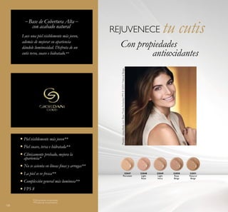 108
32047
Porcelain
32048
Light
Rose
32049
Light
Ivory
32050
Rose
Beige
32051
Natural
Beige
Modelomaquilladacon:BaseFluidaAntiedadFPS832051NaturalBeige.
Piel visiblemente más joven**
Piel suave, tersa e hidratada**
Clínicamente probado, mejora la
apariencia*
No se asienta en líneas inas y arrugas**
La piel se ve fresca**
Complexión general más luminosa**
FPS 8
Luce una piel visiblemente más joven,
además de mejorar su apariencia
dándole luminosidad. Disfruta de un
cutis terso, suave e hidratado.**
 